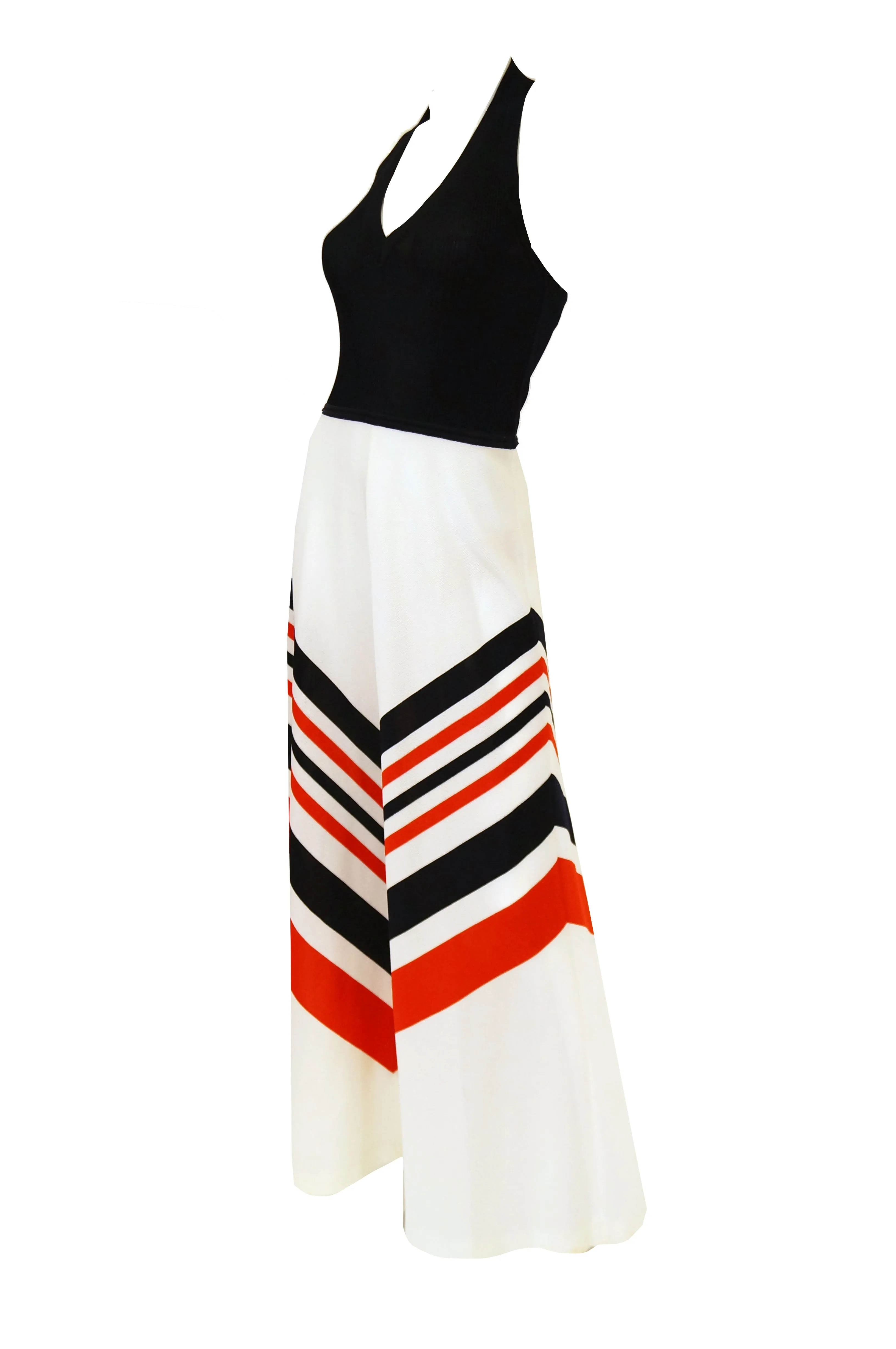 1970s Red, White, and Blue Chevron Halter Maxi Dress with Shawl