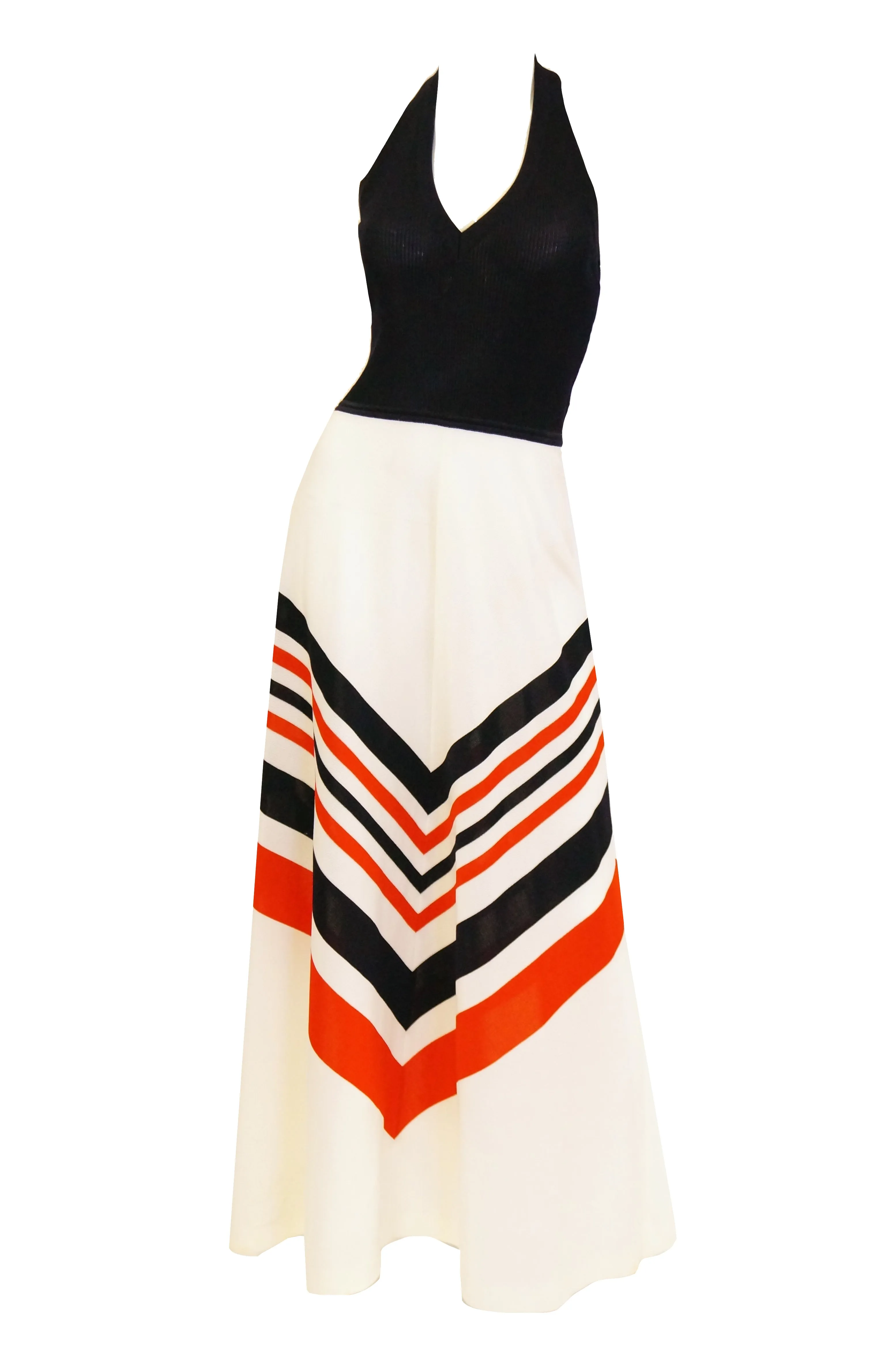1970s Red, White, and Blue Chevron Halter Maxi Dress with Shawl
