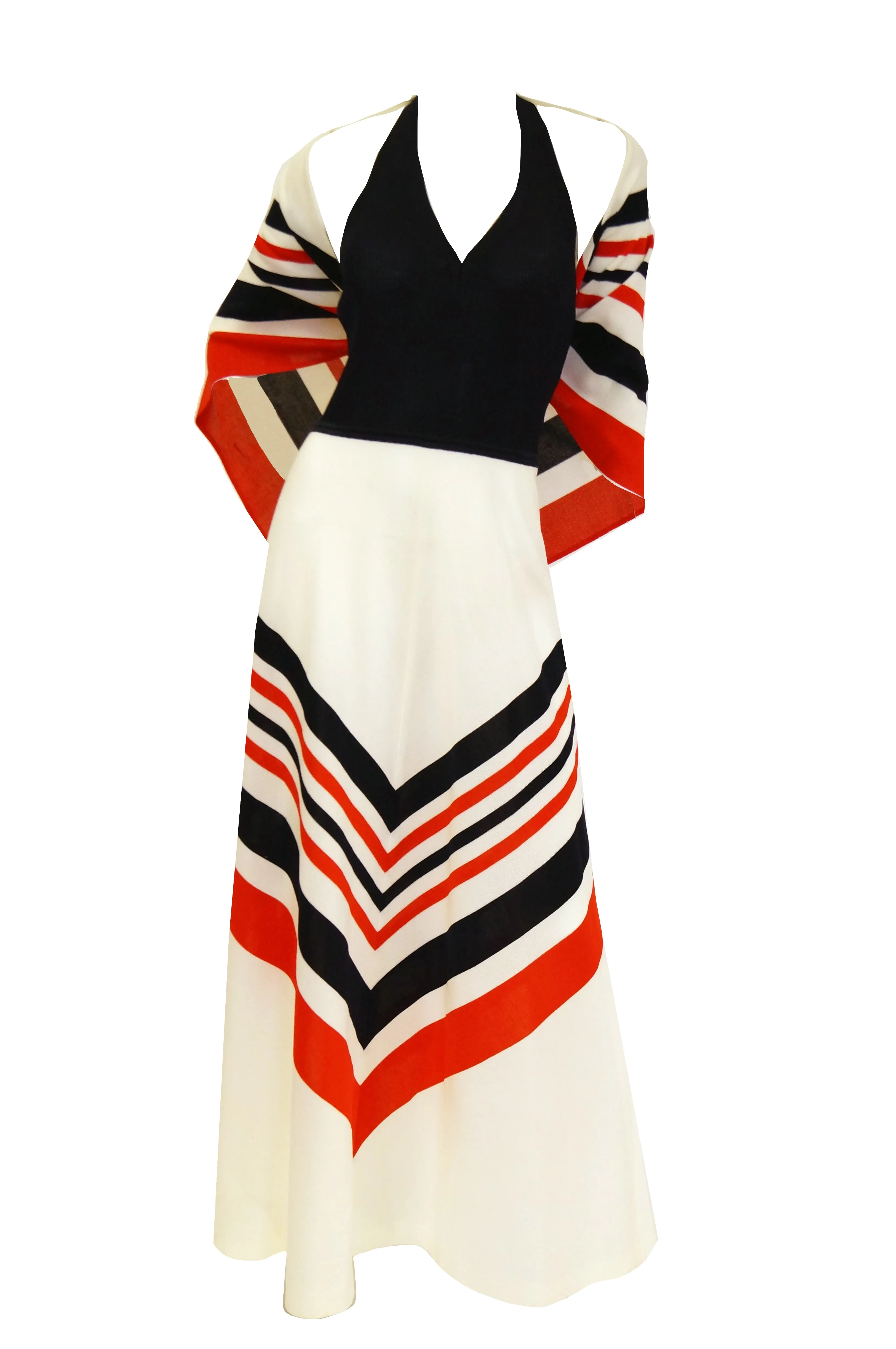 1970s Red, White, and Blue Chevron Halter Maxi Dress with Shawl