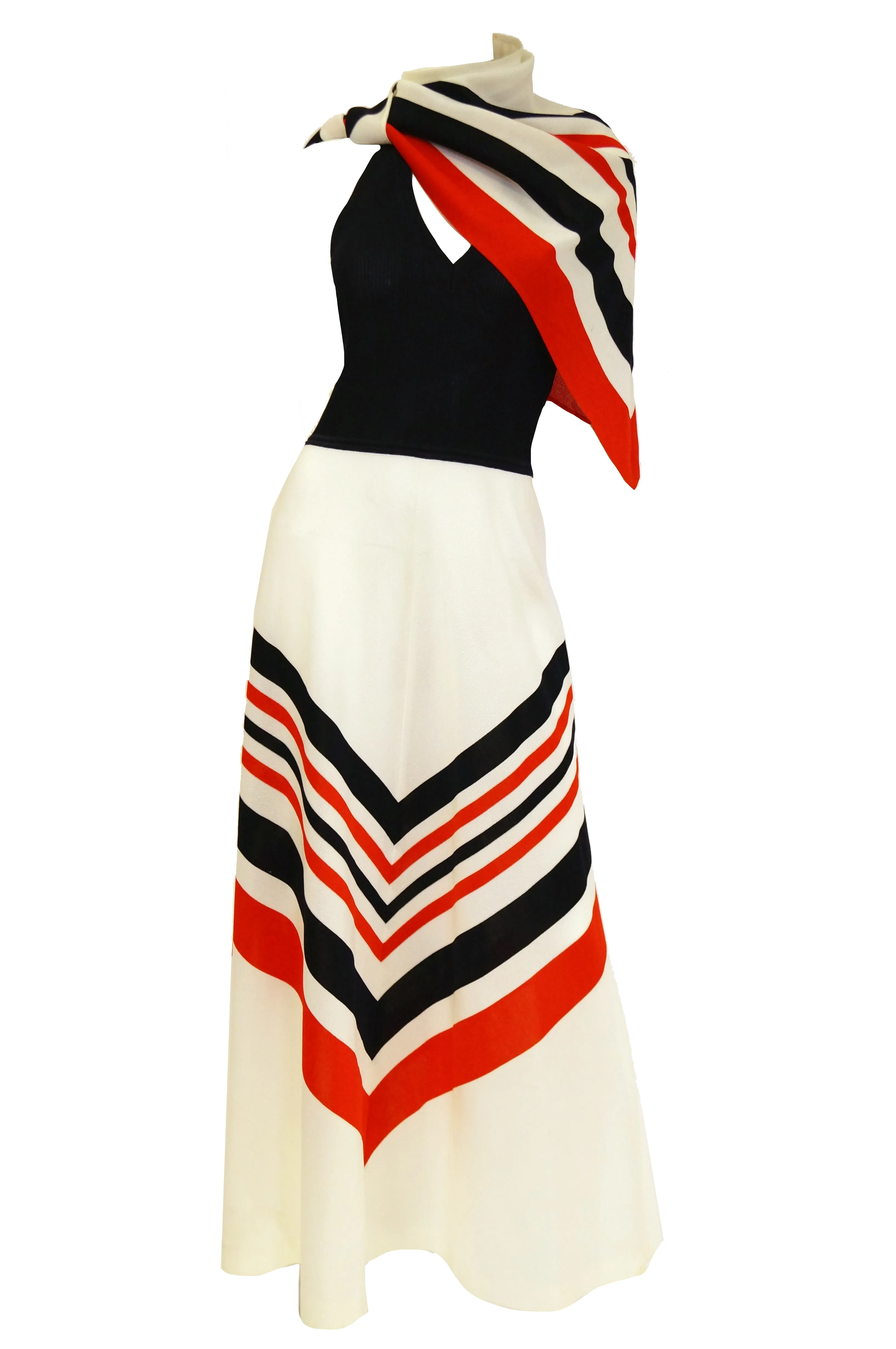 1970s Red, White, and Blue Chevron Halter Maxi Dress with Shawl