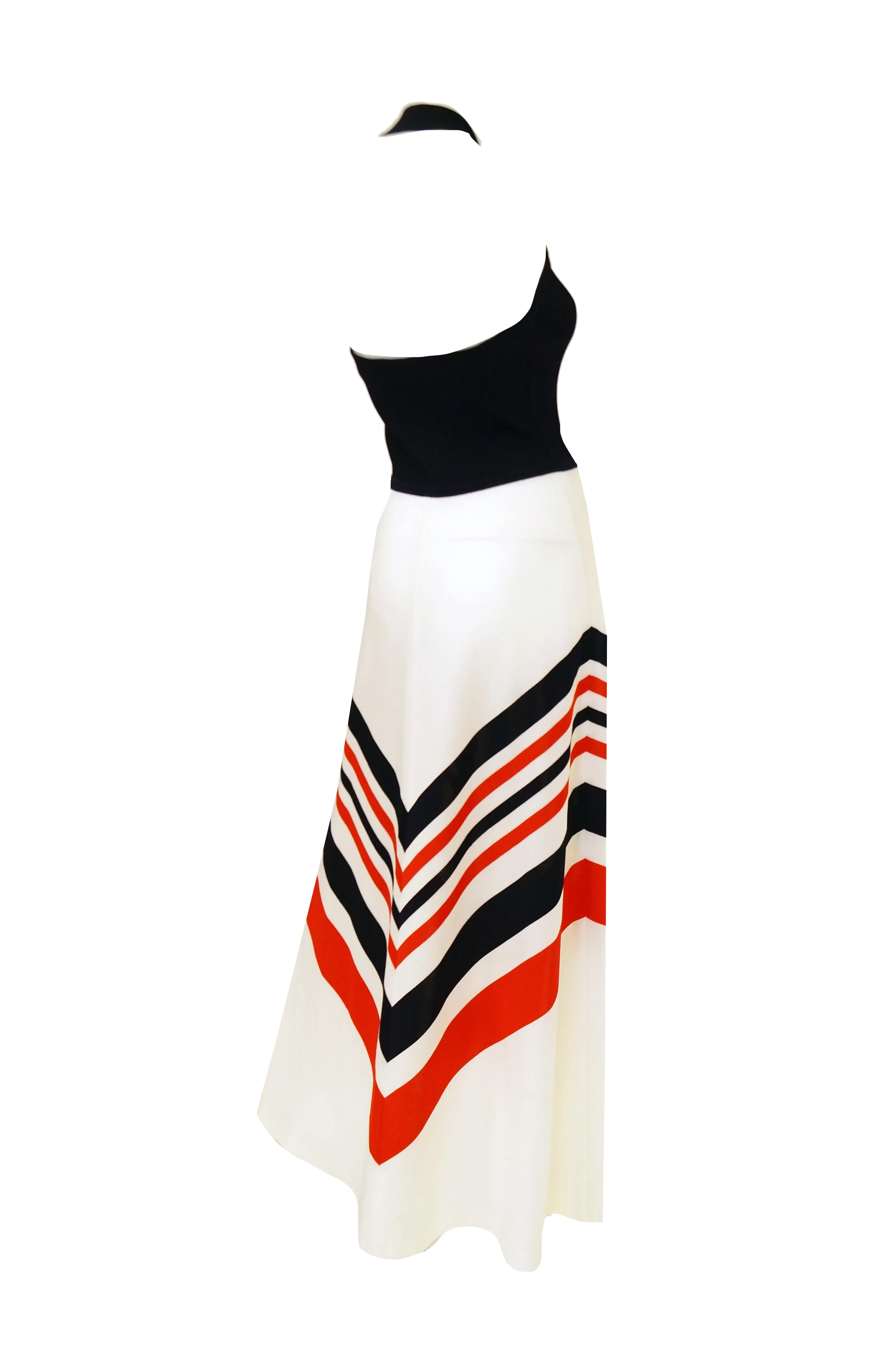 1970s Red, White, and Blue Chevron Halter Maxi Dress with Shawl