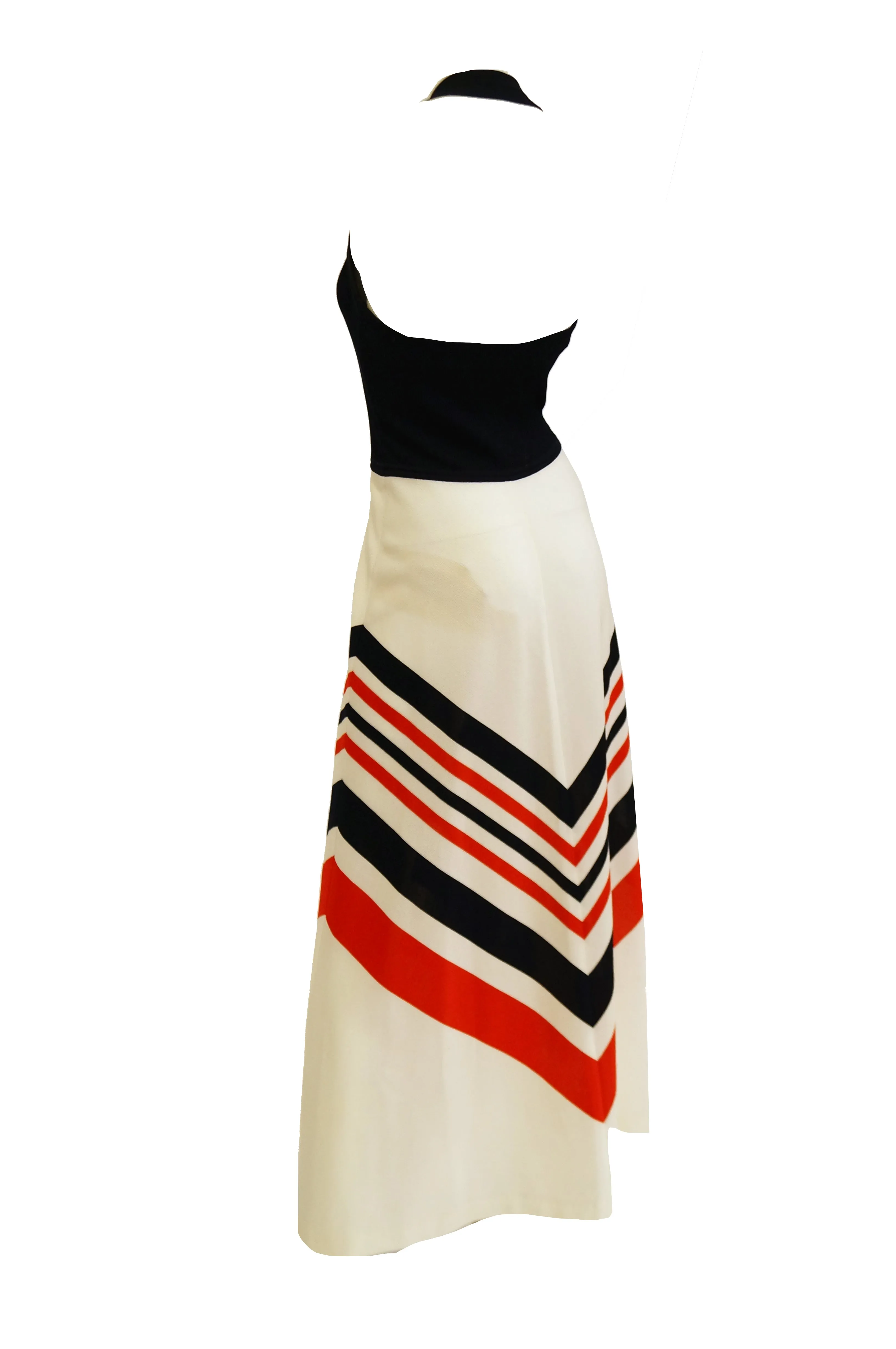 1970s Red, White, and Blue Chevron Halter Maxi Dress with Shawl