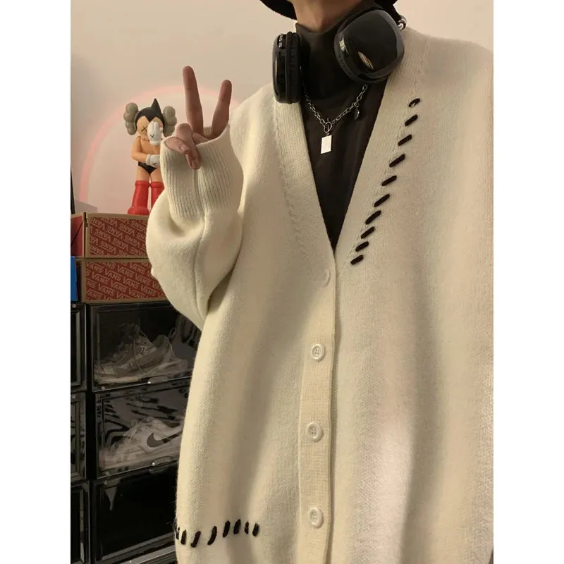 Aidase Striped Plush V-neck Sweater Men's Loose Casual Brushed Knit Trendy Couple Versatile Comfortable Harajuku High Street Cardigan