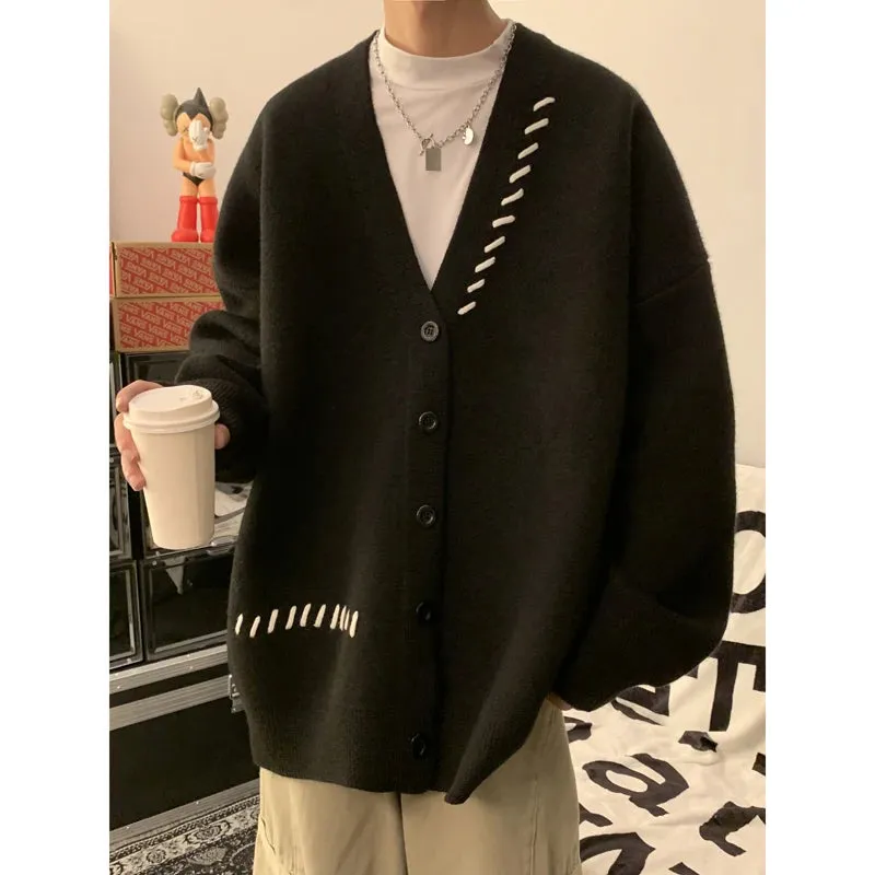 Aidase Striped Plush V-neck Sweater Men's Loose Casual Brushed Knit Trendy Couple Versatile Comfortable Harajuku High Street Cardigan
