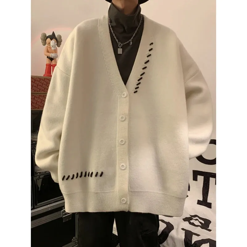 Aidase Striped Plush V-neck Sweater Men's Loose Casual Brushed Knit Trendy Couple Versatile Comfortable Harajuku High Street Cardigan