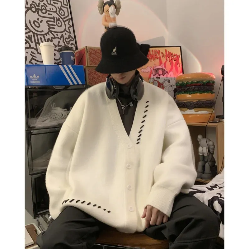 Aidase Striped Plush V-neck Sweater Men's Loose Casual Brushed Knit Trendy Couple Versatile Comfortable Harajuku High Street Cardigan