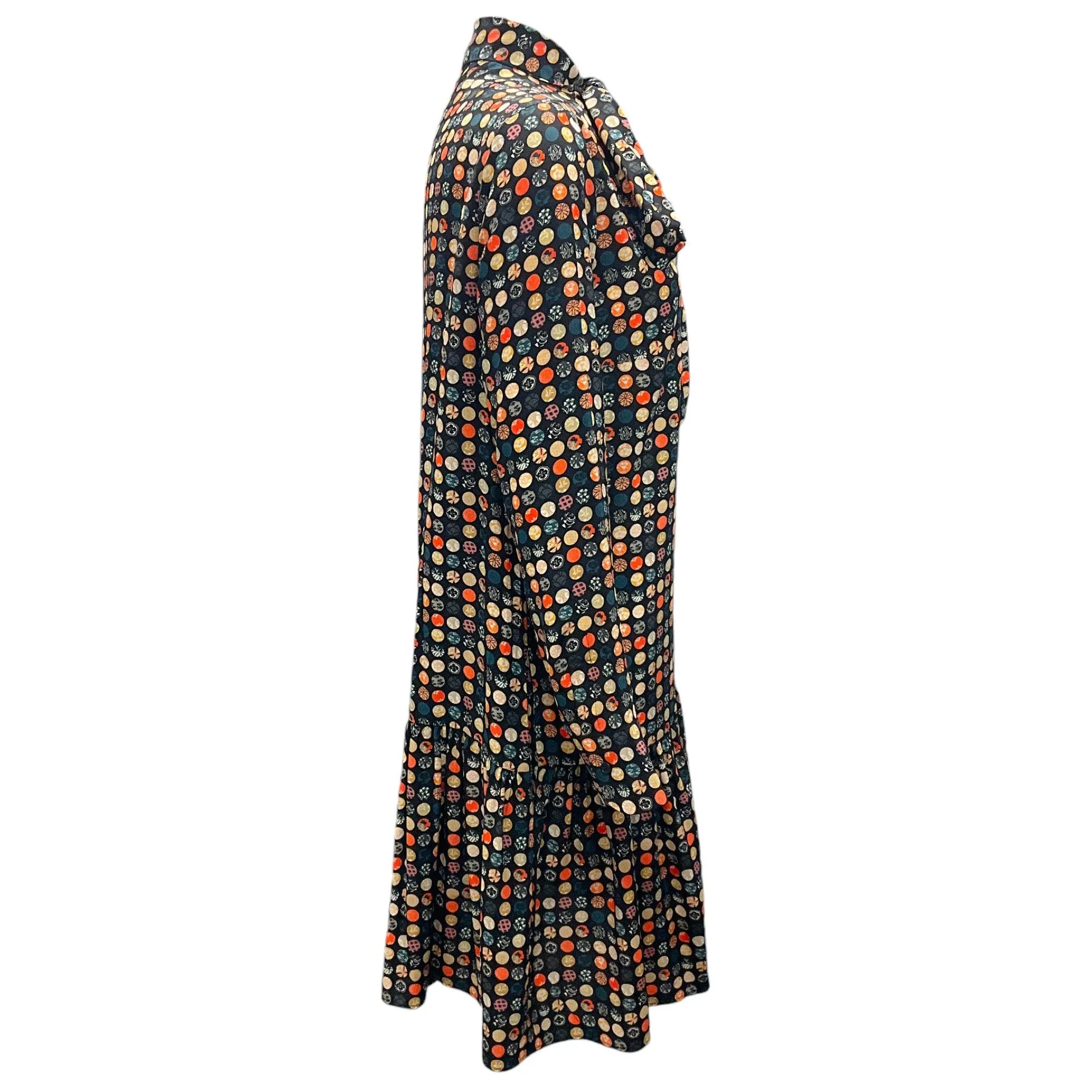 Akris Black Multi Circle Print Tie-Neck Silk Dress
