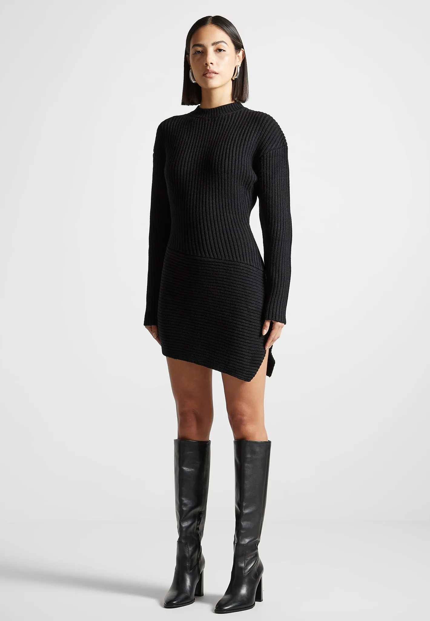Asymmetric Knit Jumper Dress - Black