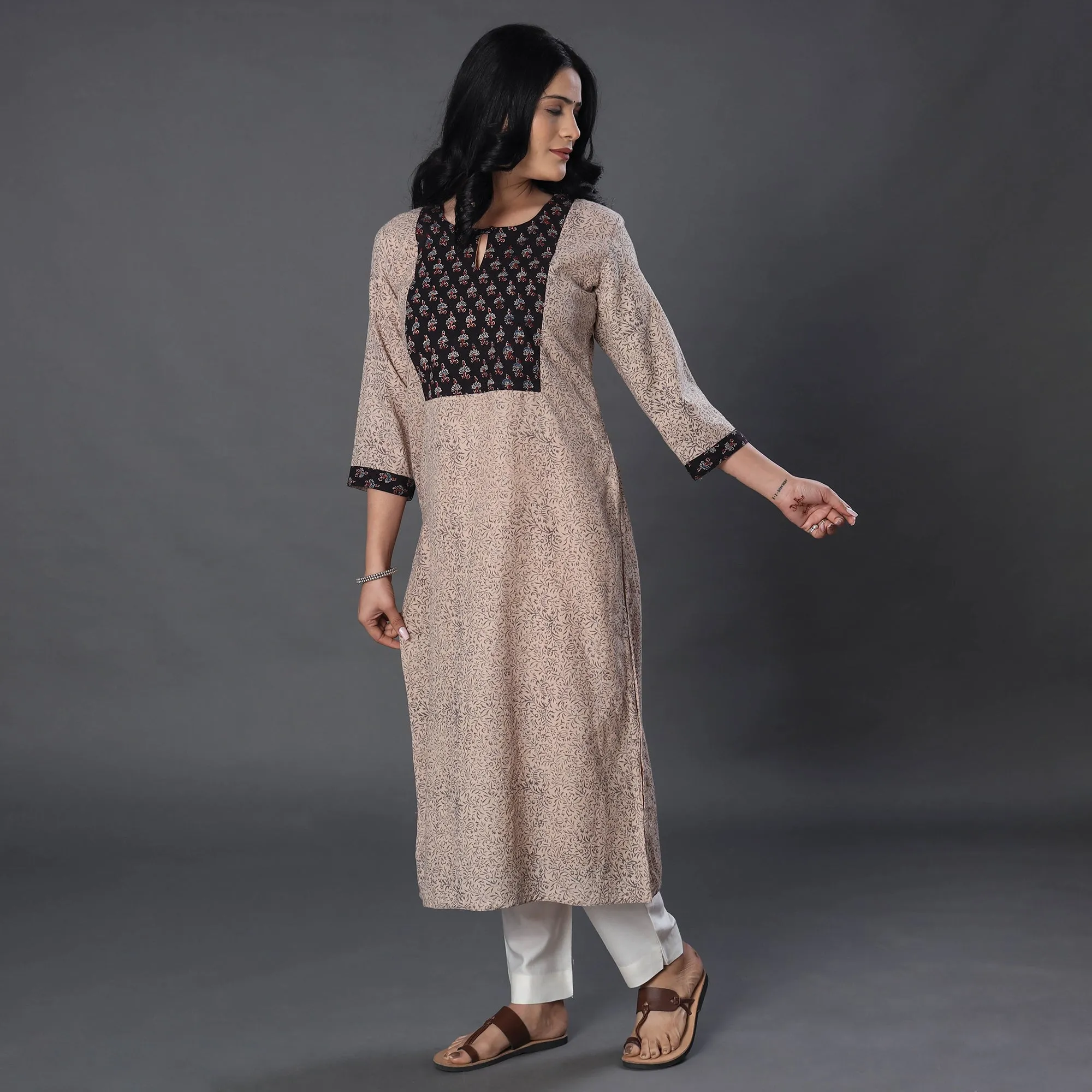 Beige - Merino Wool Pedana Kalamkari Block Printing Handwoven Kurta