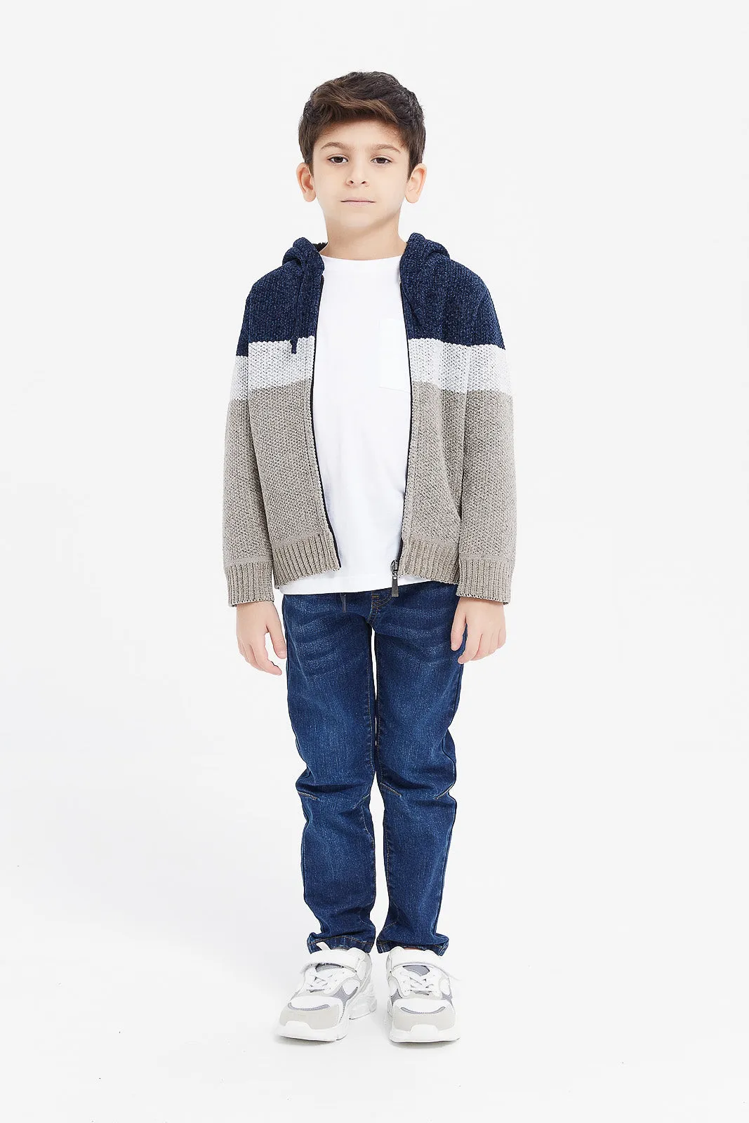 Boys Assorted Strip Hooded Zip Through Cardigan