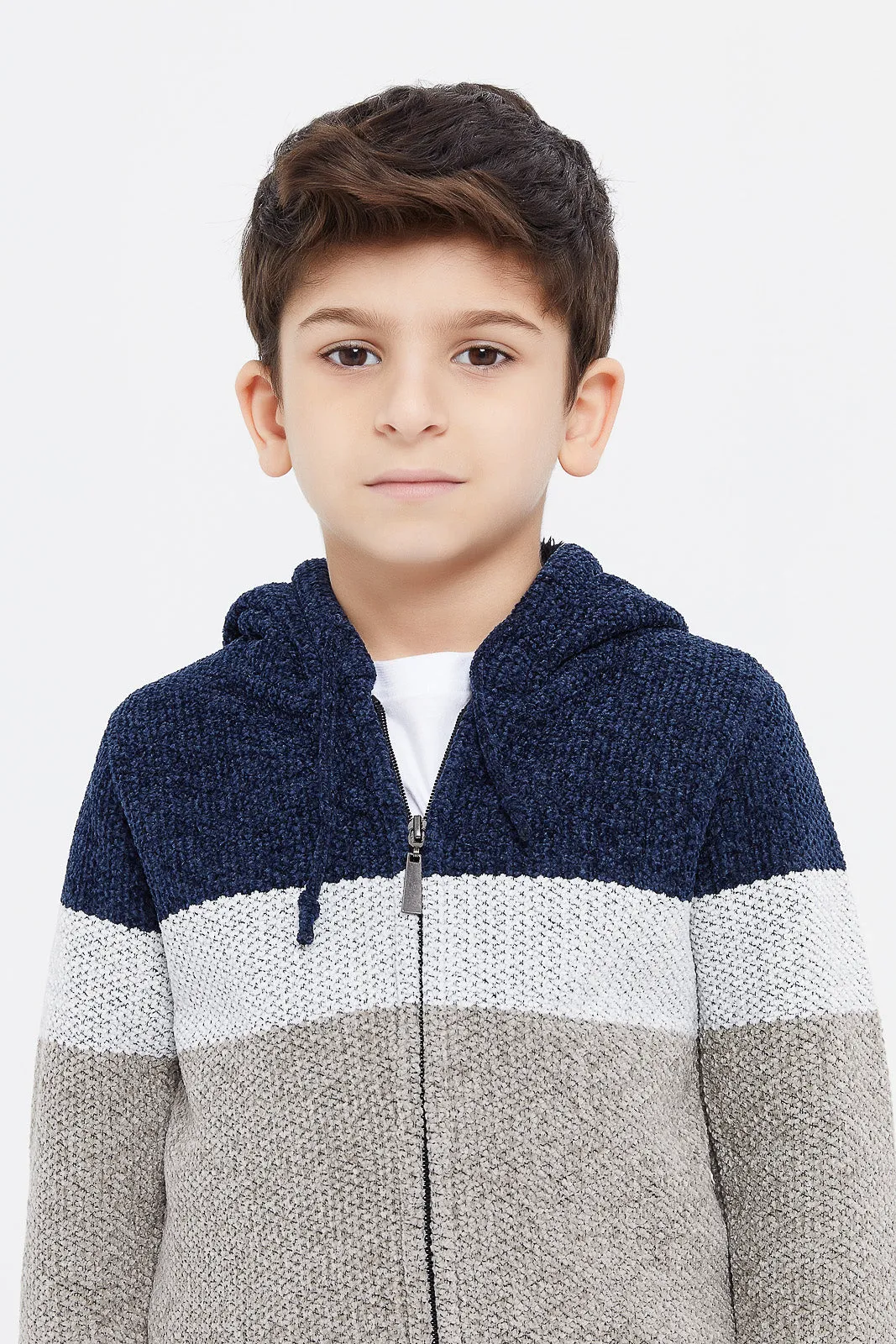 Boys Assorted Strip Hooded Zip Through Cardigan