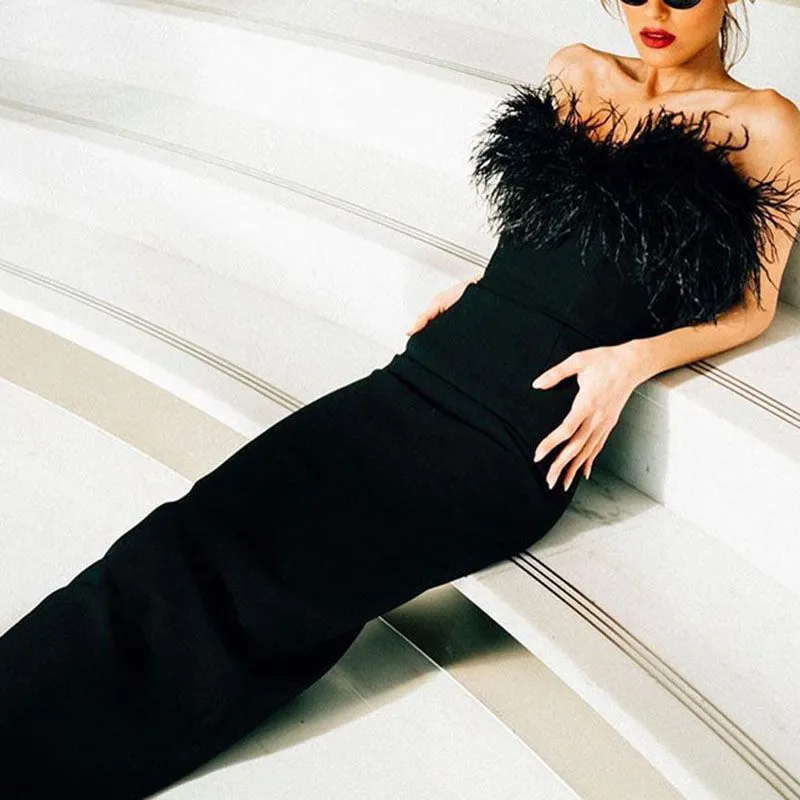 Couture White Feather Trim Cocktail Midi Strapless Dess With Feathers