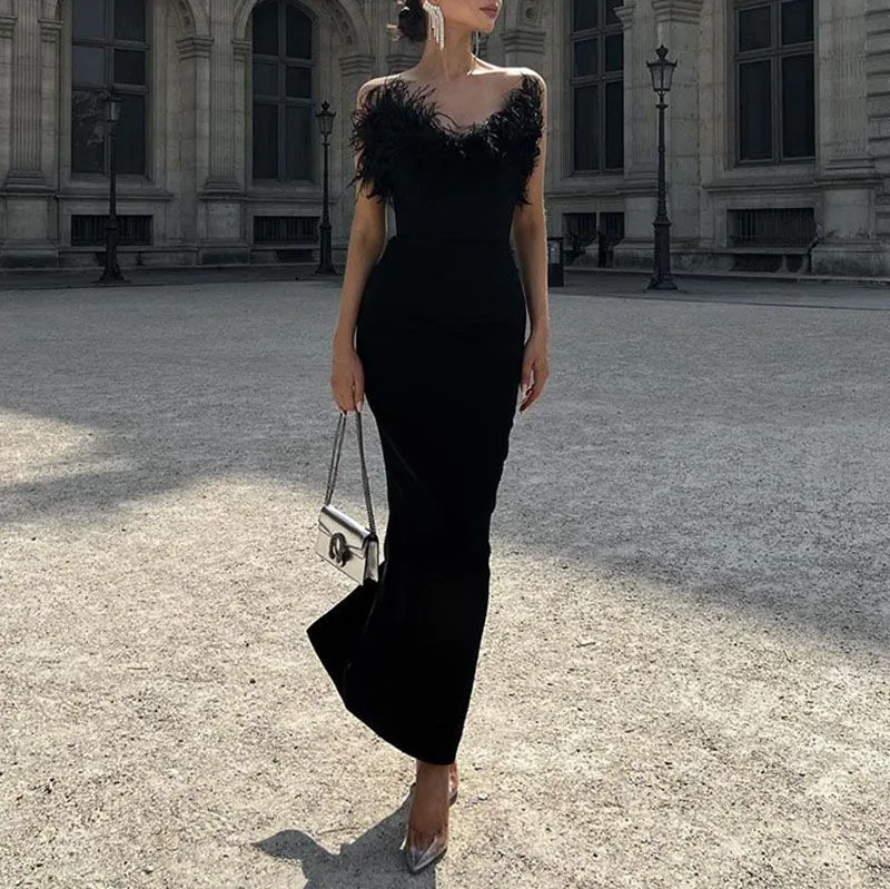 Couture White Feather Trim Cocktail Midi Strapless Dess With Feathers