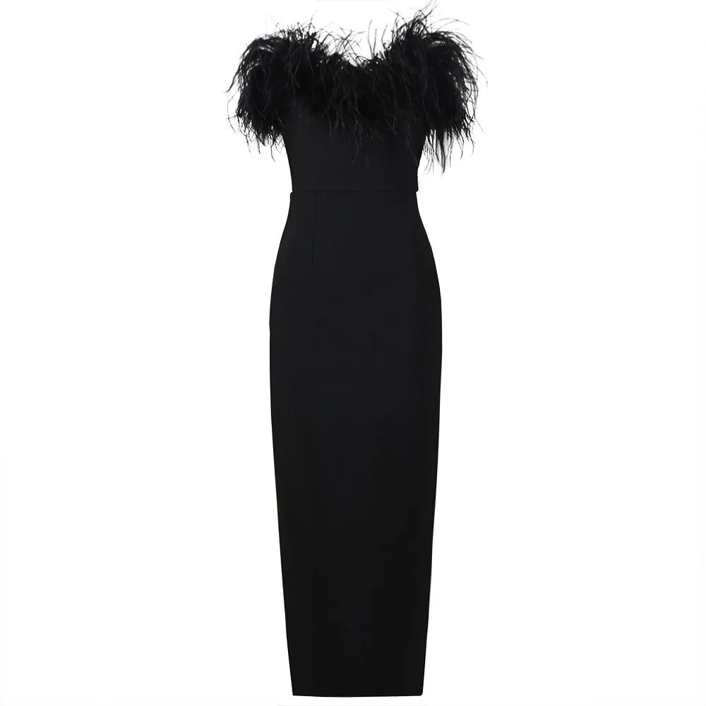 Couture White Feather Trim Cocktail Midi Strapless Dess With Feathers