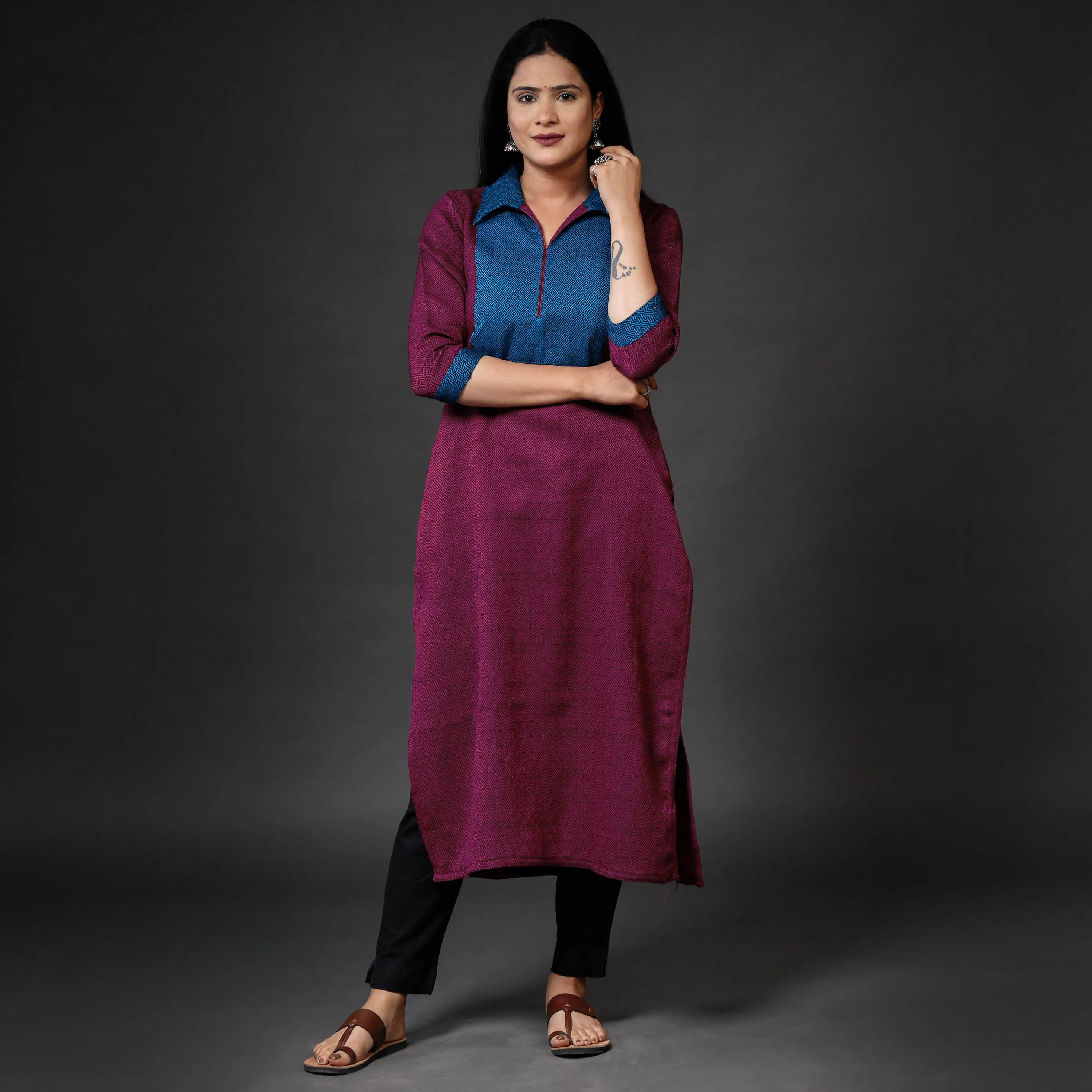 Dark Purple Kumaun Handwoven Merino Woolen Long Kurta