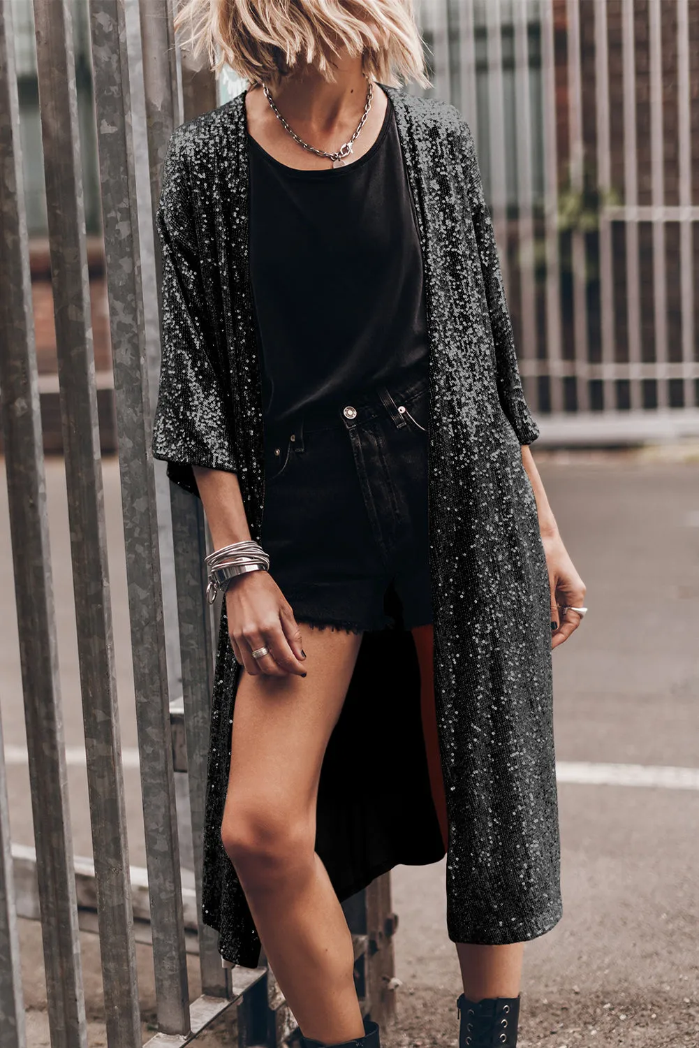 Date Night Sequin Open Front Duster Cardigan