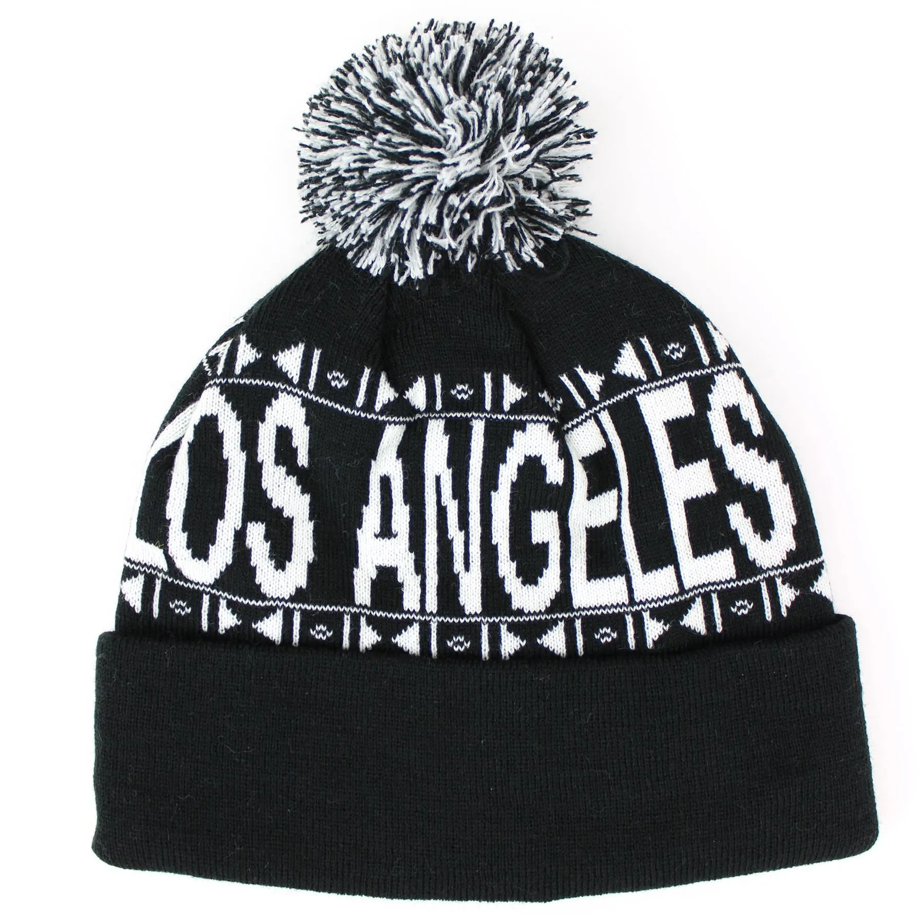 Fine knit bobble beanie hat with turn up - Black LA