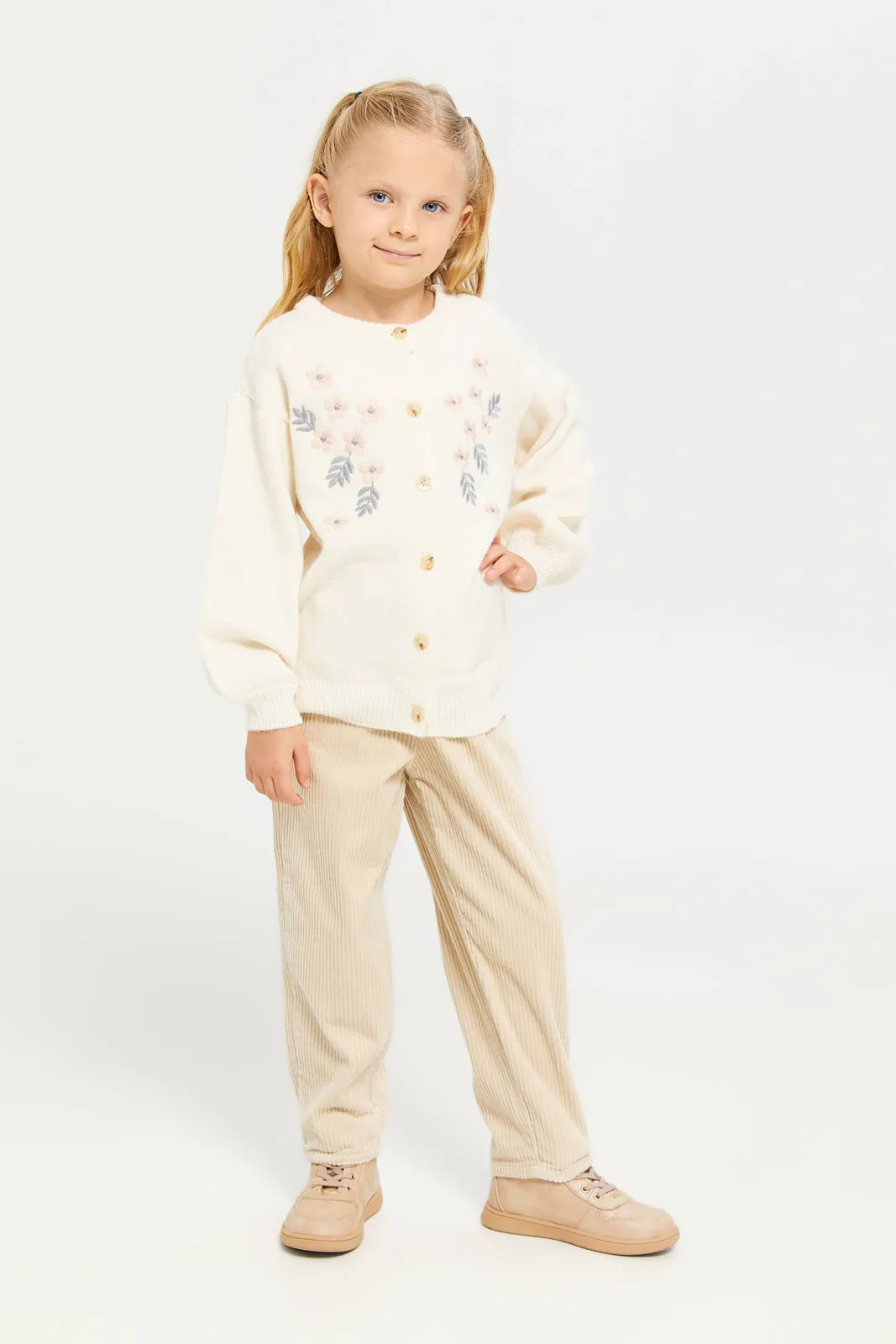 Girl Cream Embroidered Cardigan