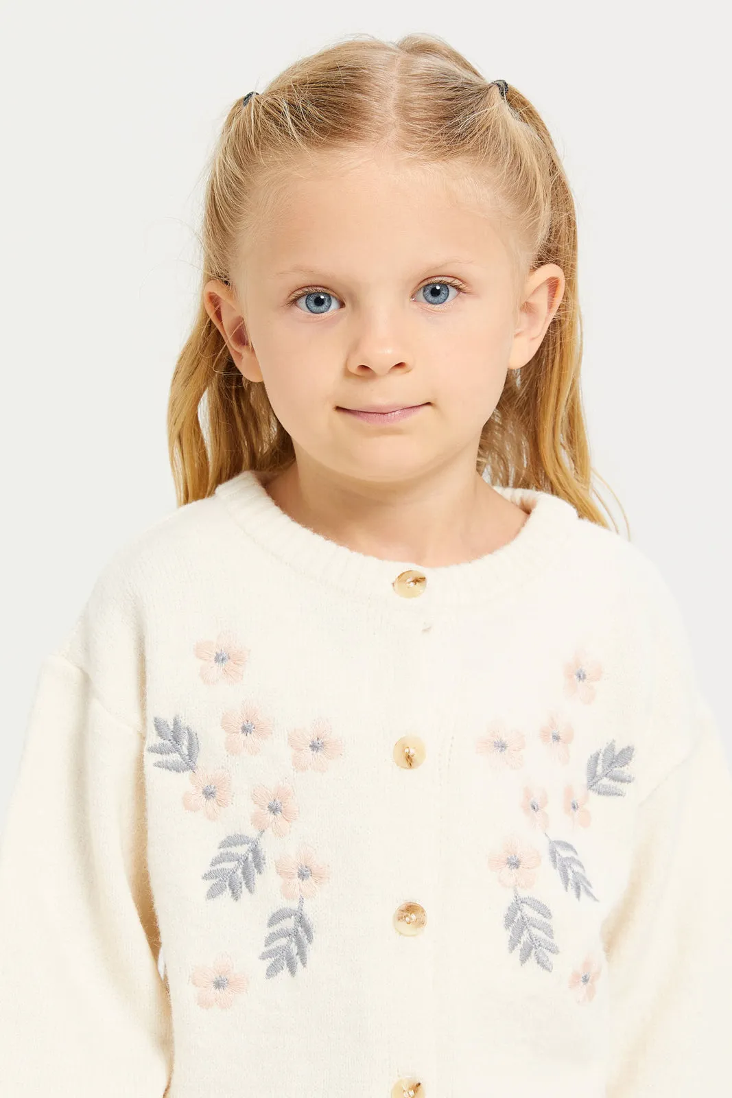 Girl Cream Embroidered Cardigan