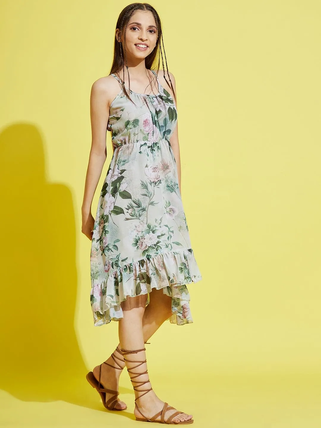 Girls Pista Green Floral Strappy High Low Dress - Lyush Kids