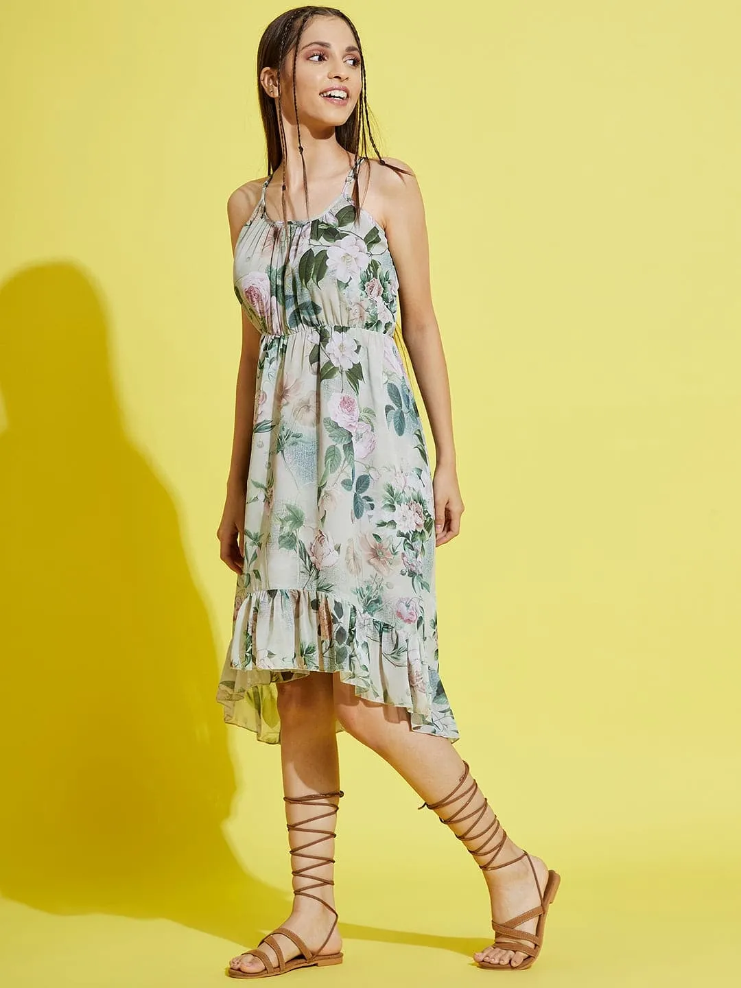 Girls Pista Green Floral Strappy High Low Dress - Lyush Kids