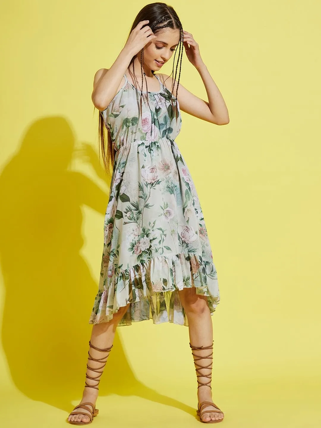 Girls Pista Green Floral Strappy High Low Dress - Lyush Kids