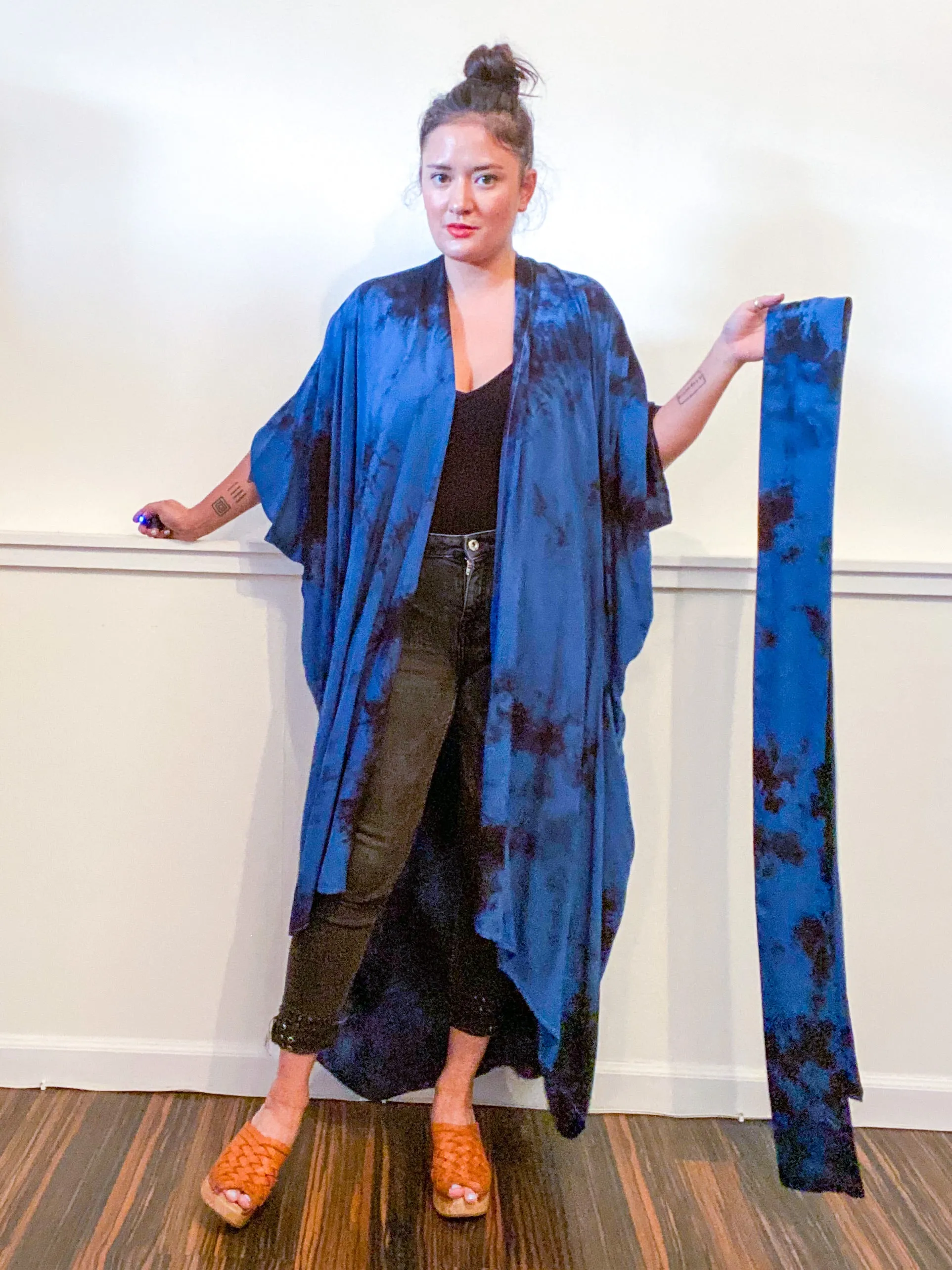 Hand-Dyed High Low Kimono Royal Blue Black Overdye