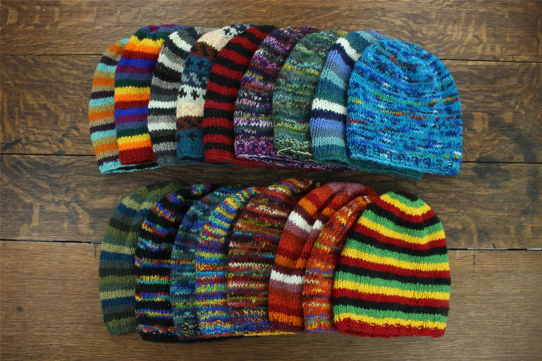 Hand Knitted Baggy Slouch Beanie Hat - Stripe Green Blue