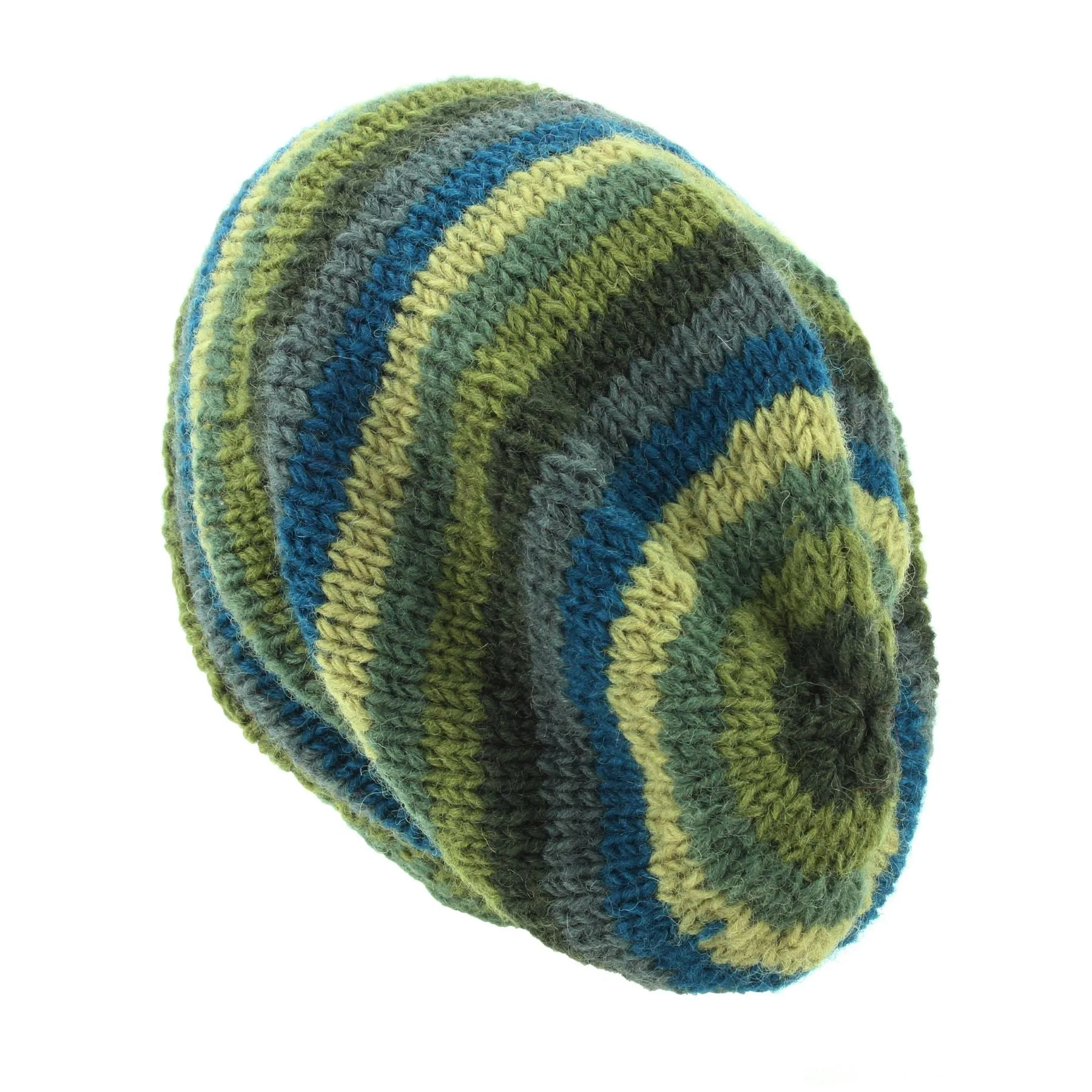 Hand Knitted Baggy Slouch Beanie Hat - Stripe Green Blue