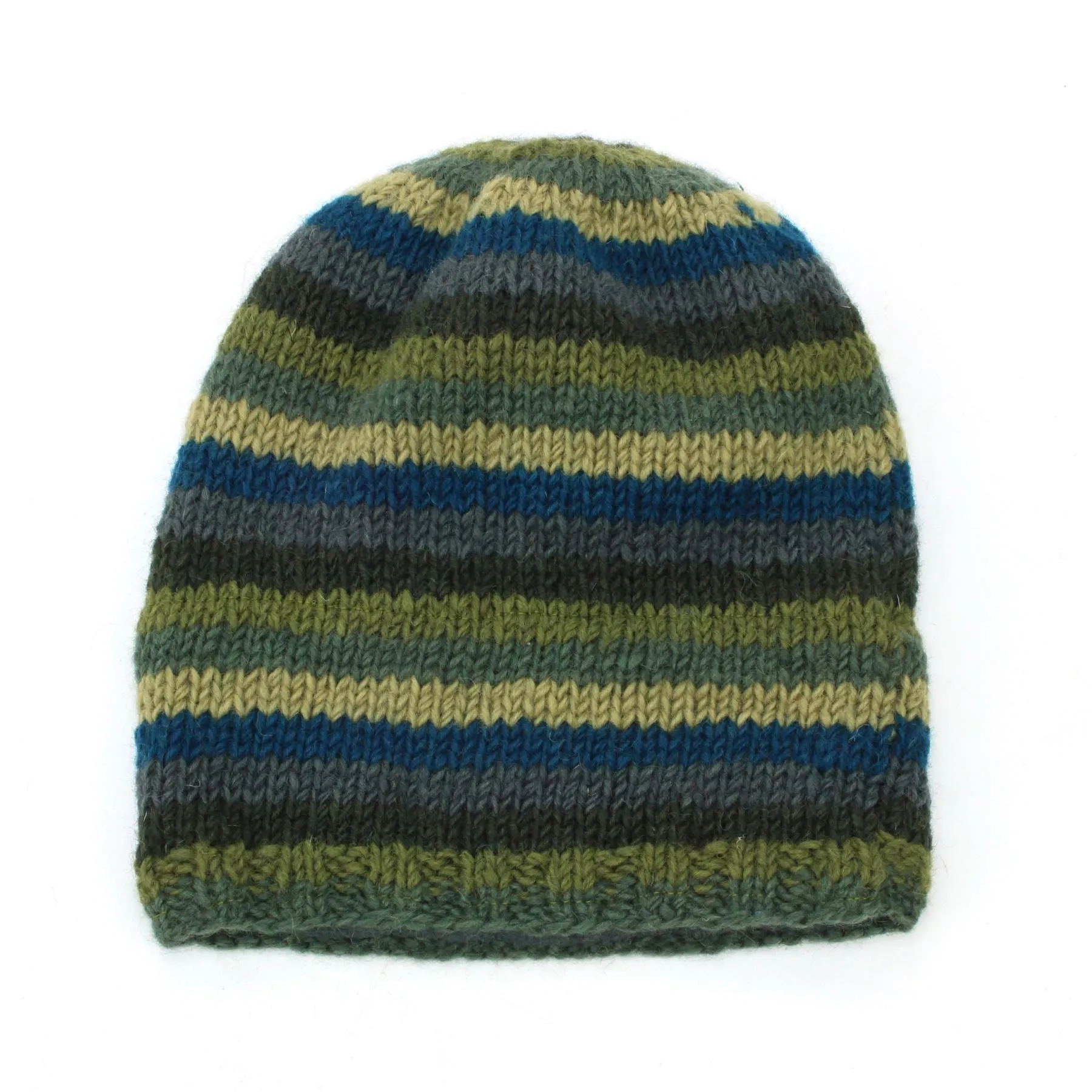 Hand Knitted Baggy Slouch Beanie Hat - Stripe Green Blue