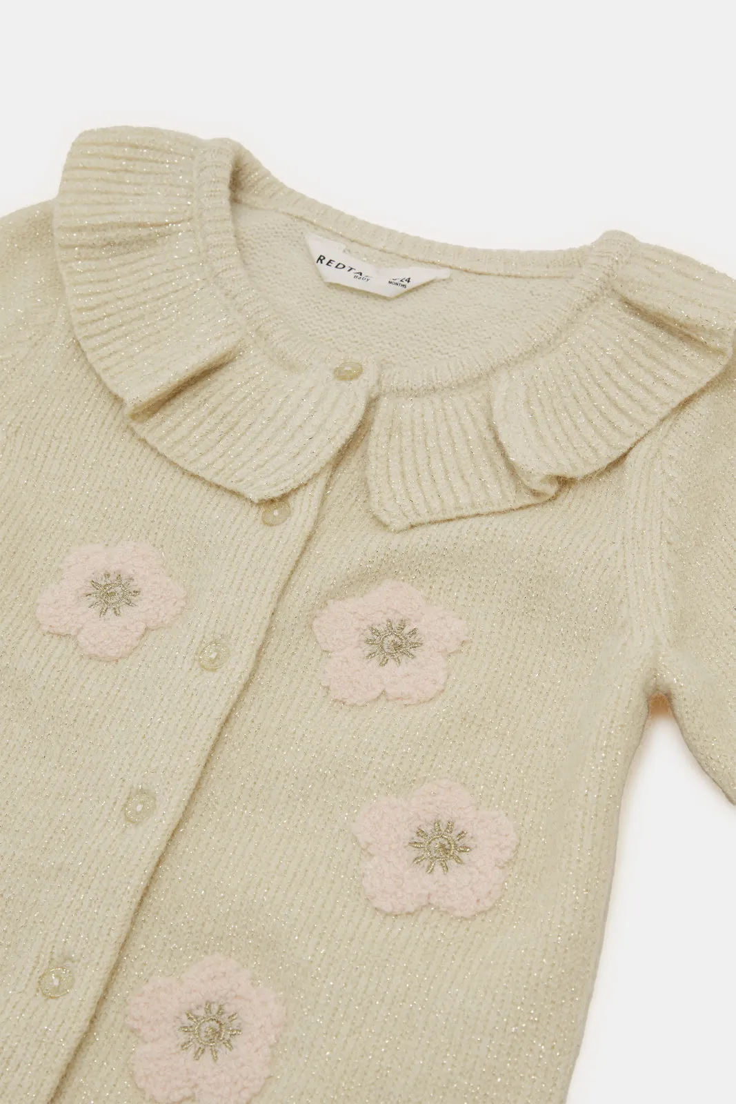 Infant Girls Beige Flower Embroidered Cardigan