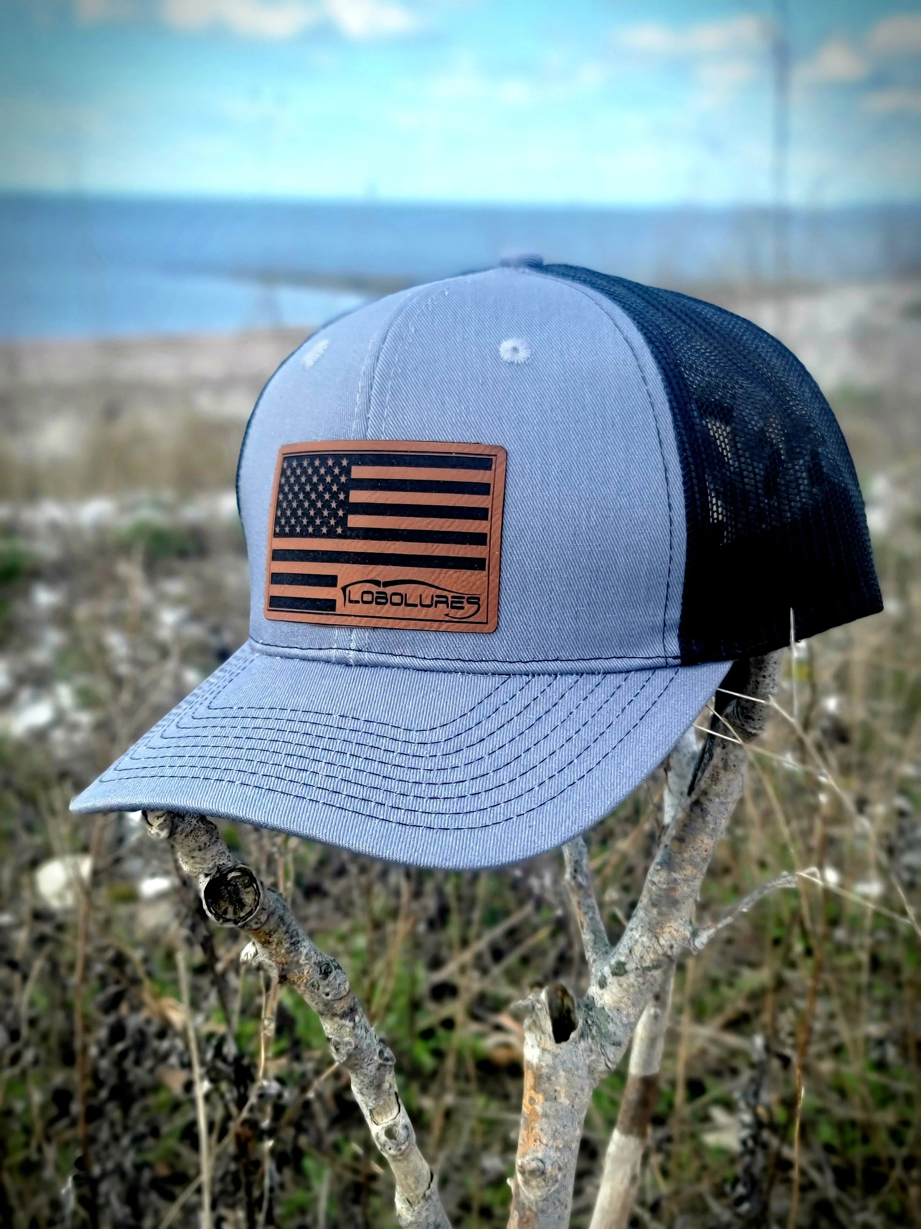 Lobo Lures USA Flag Leather Patch Series Baseball Hat
