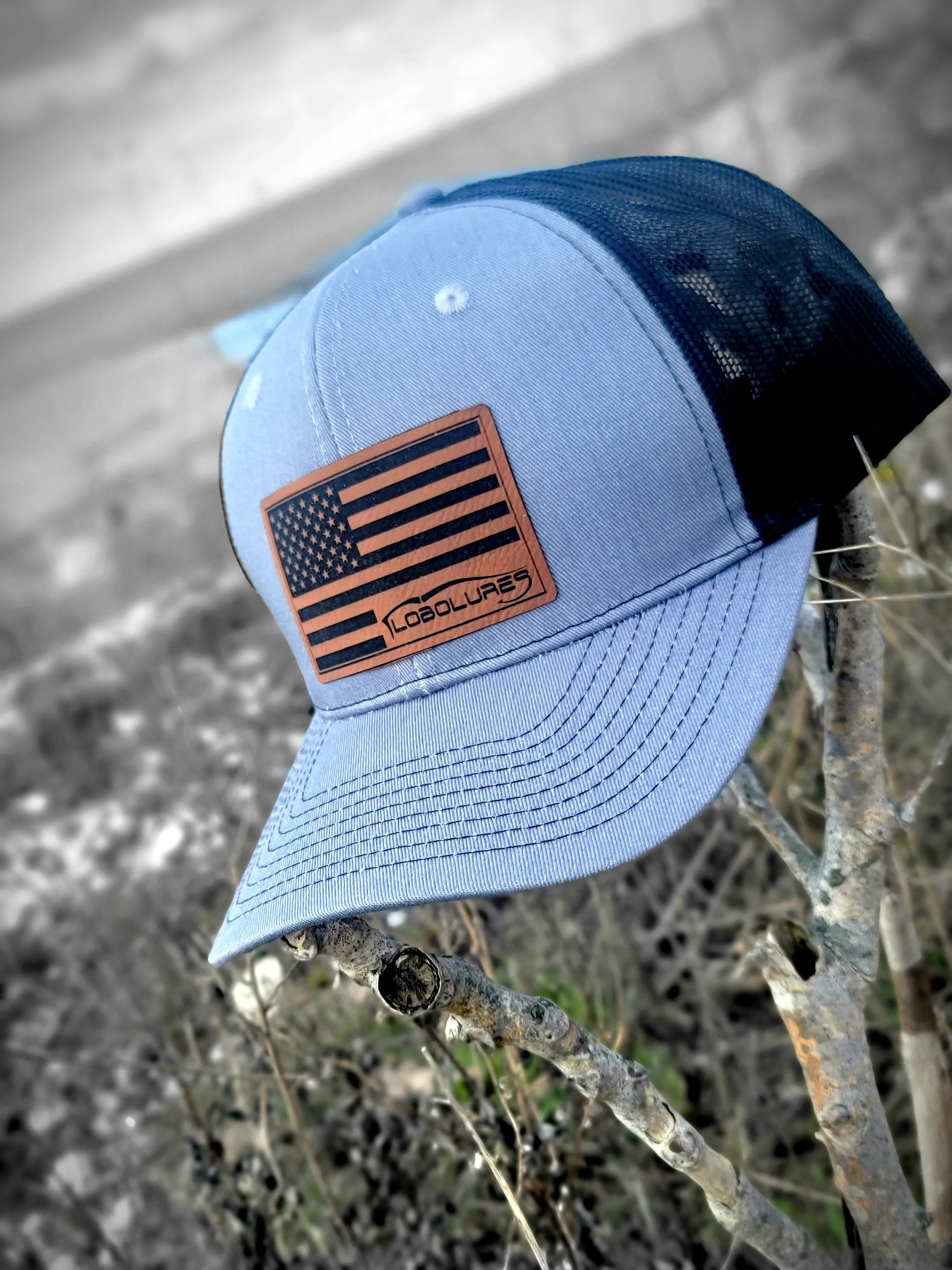 Lobo Lures USA Flag Leather Patch Series Baseball Hat
