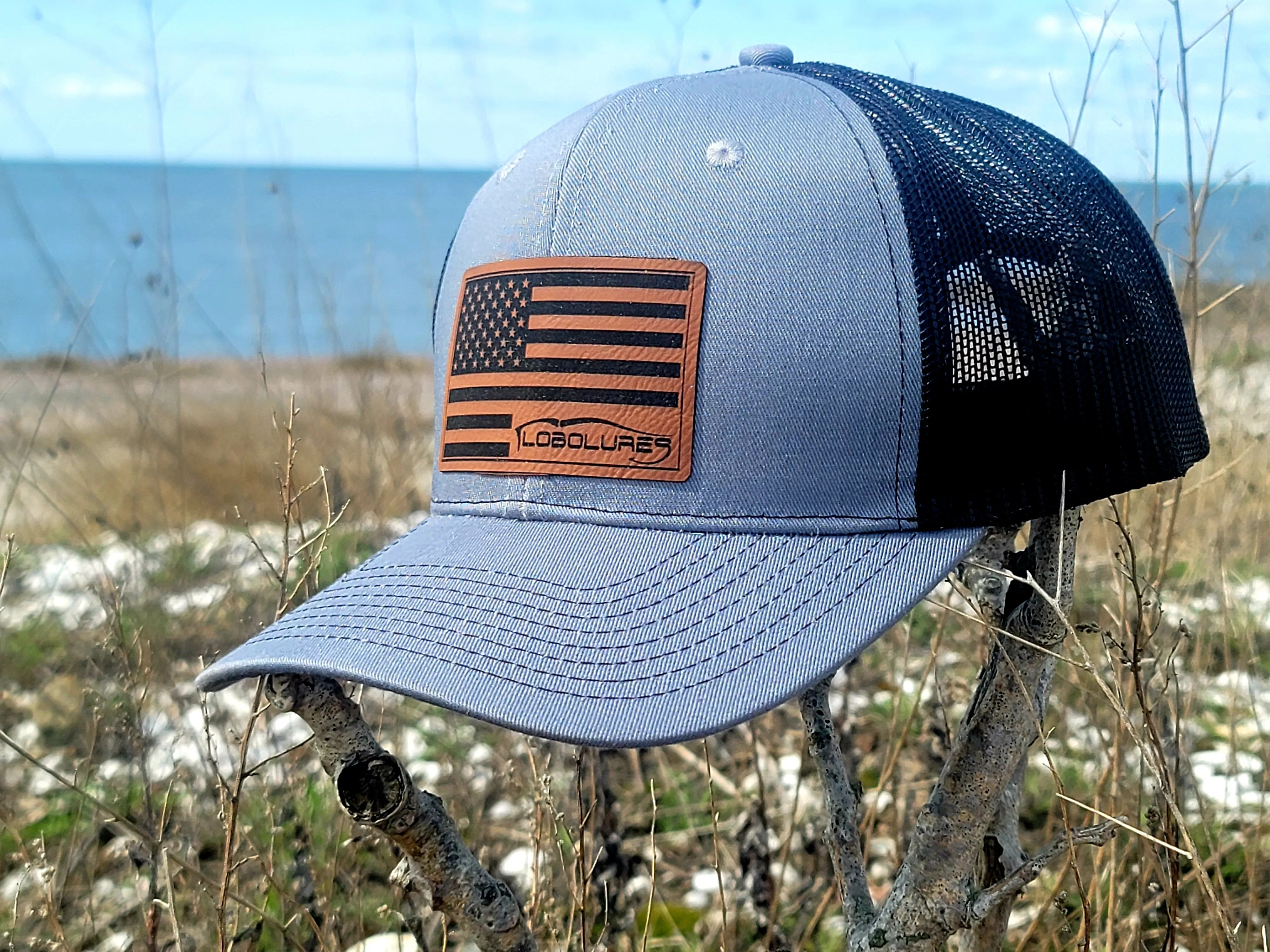 Lobo Lures USA Flag Leather Patch Series Baseball Hat