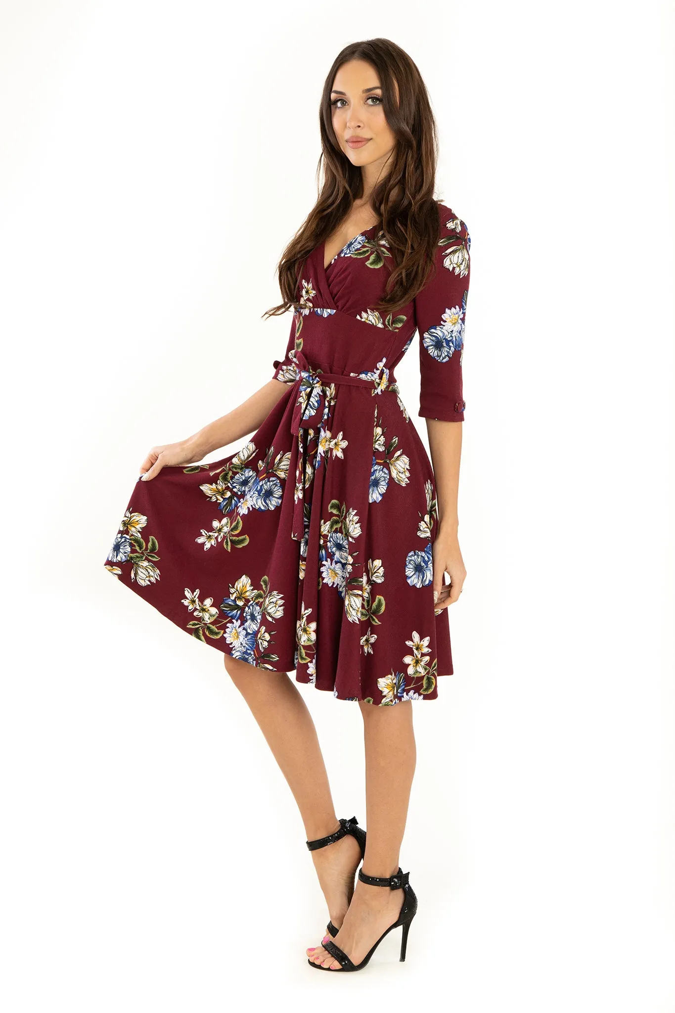 Maroon Floral 3/4 Sleeve Knit Dress