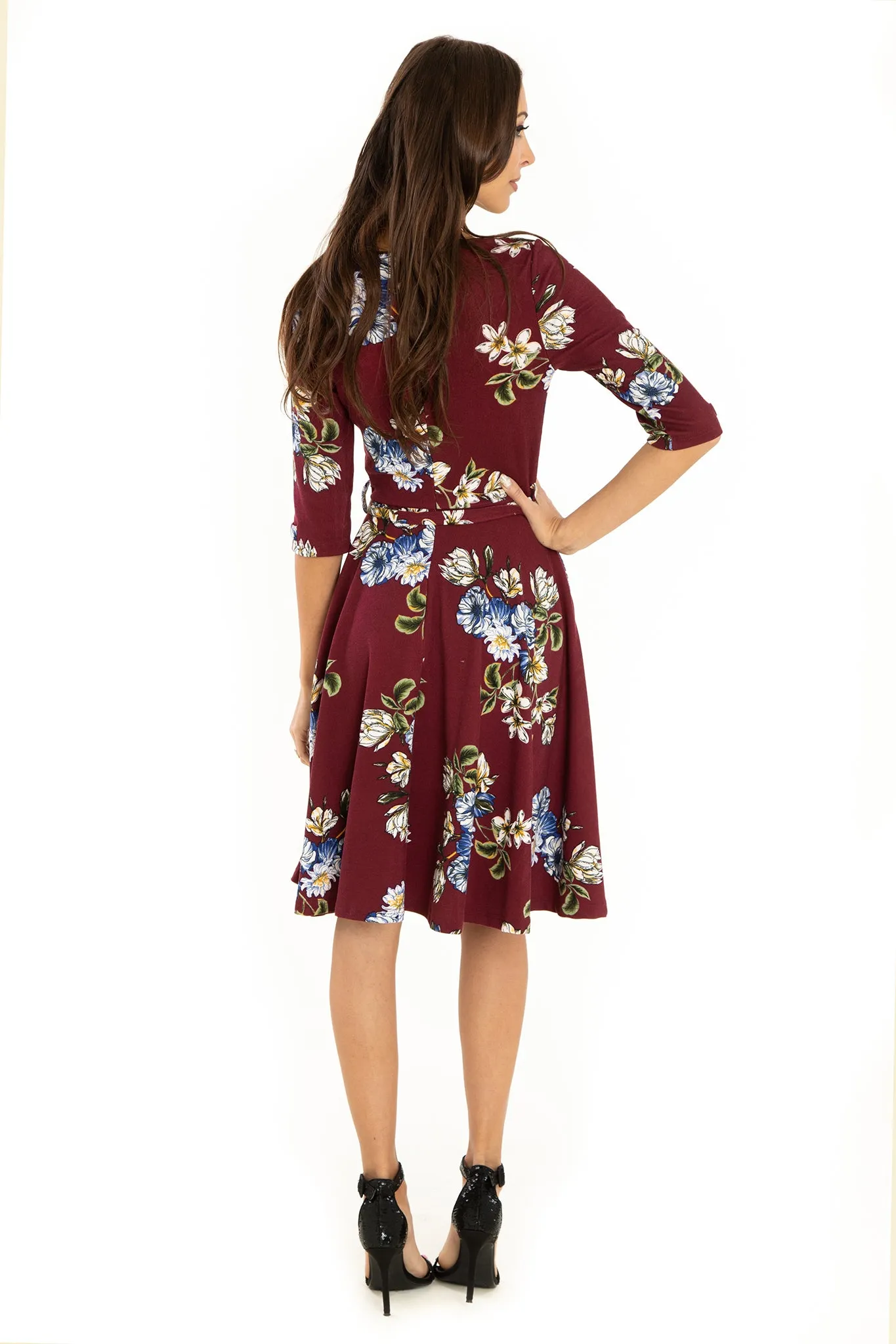 Maroon Floral 3/4 Sleeve Knit Dress