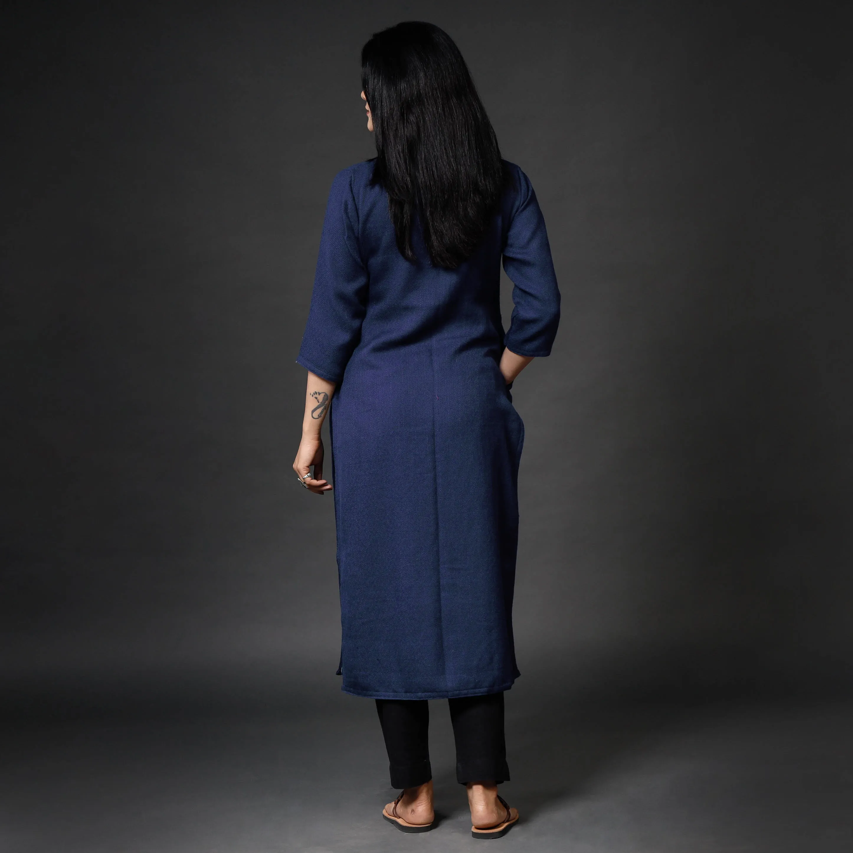Navy Blue Kumaun Handwoven Merino Woolen Long Kurta