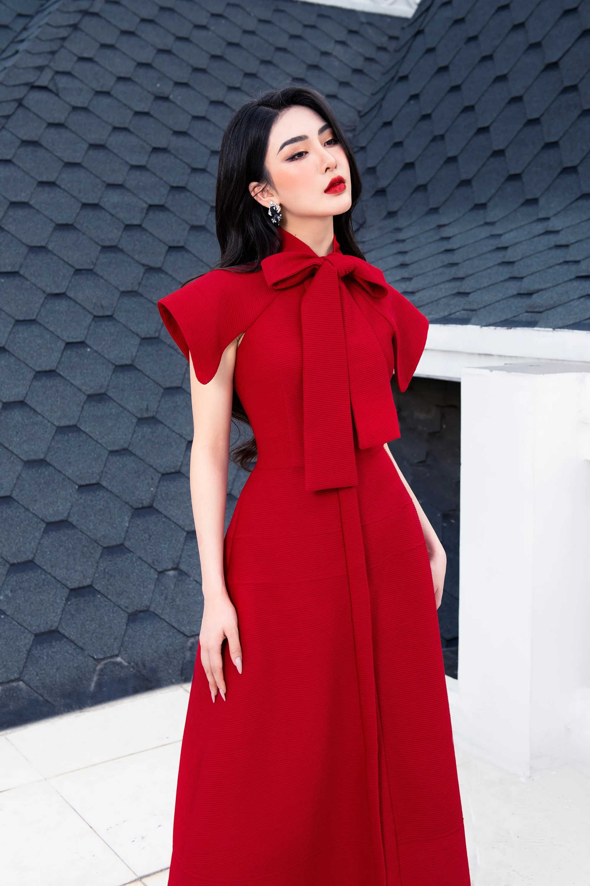 Rosette Bowtie Neck Midi Dress