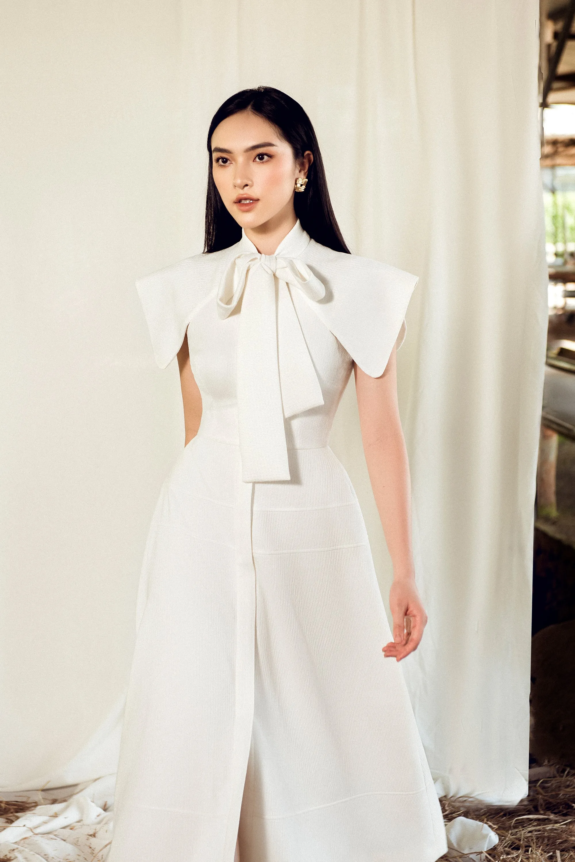 Rosette Bowtie Neck Midi Dress