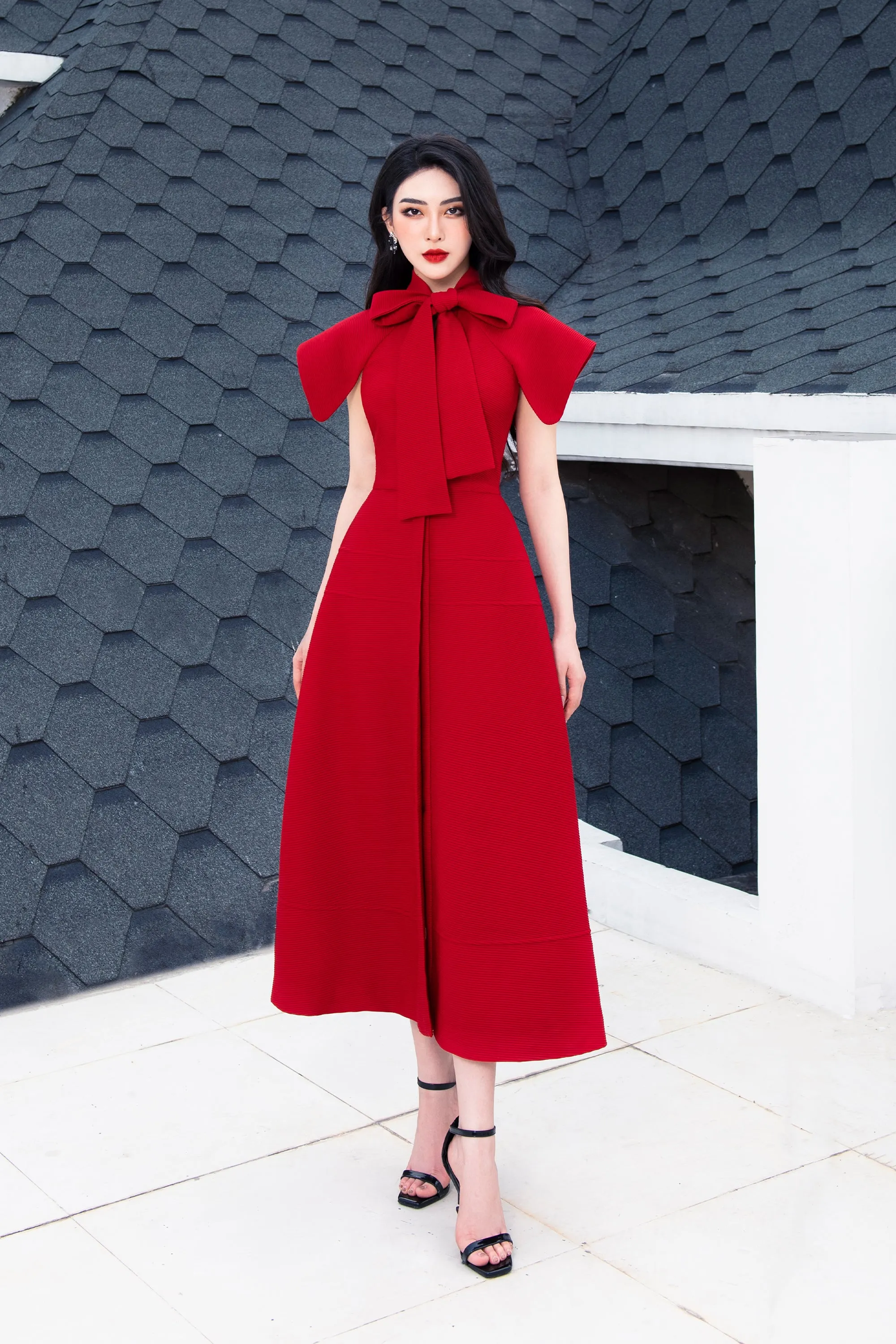 Rosette Bowtie Neck Midi Dress