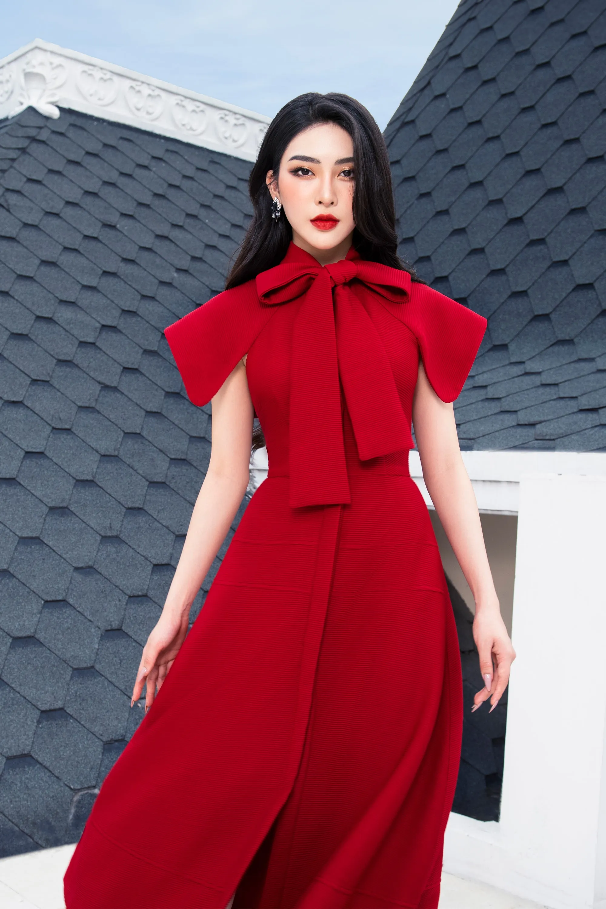 Rosette Bowtie Neck Midi Dress