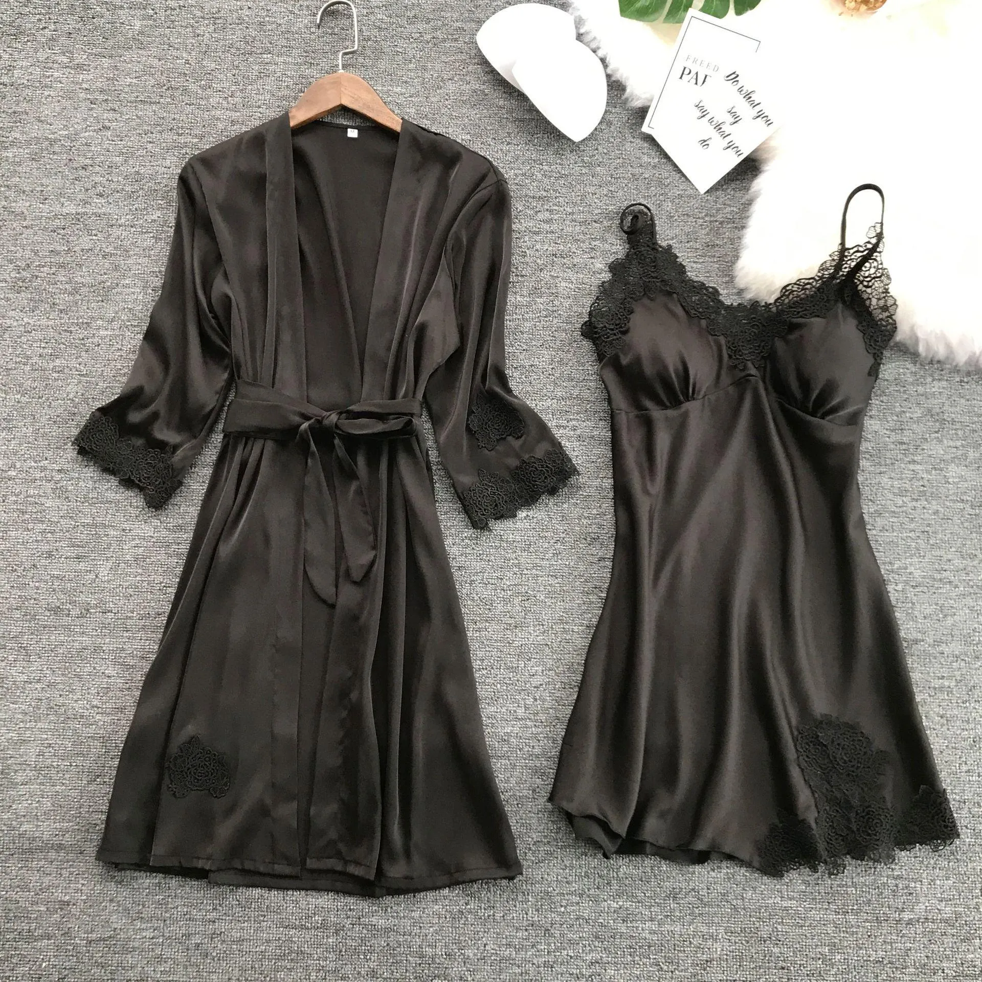 Summer Sexy Lace Women Robe Set V-Neck With Chest Pad Nightdress Cardigan Set Pyjamas