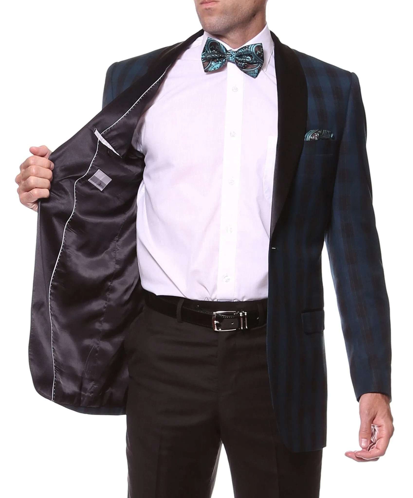 The Astor Teal Plaid Slim Shawl Tuxedo Blazer