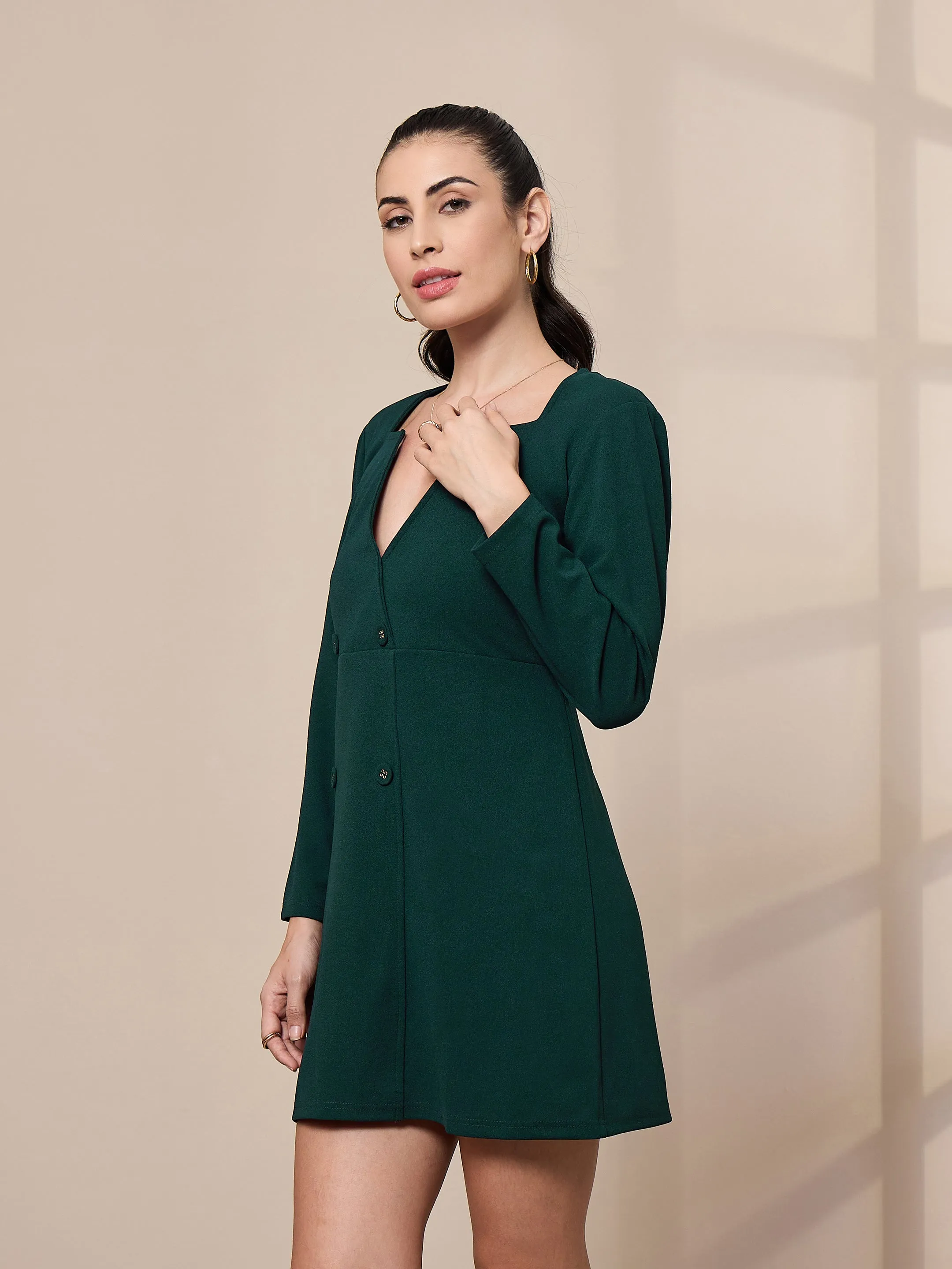 Women Green Full Sleeve Short Dress